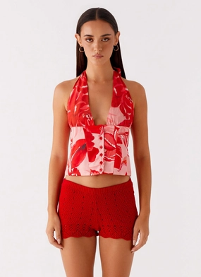 Lets Pretend Halterneck Top - Sicily Sunsets Print MultiFunctionalPockets