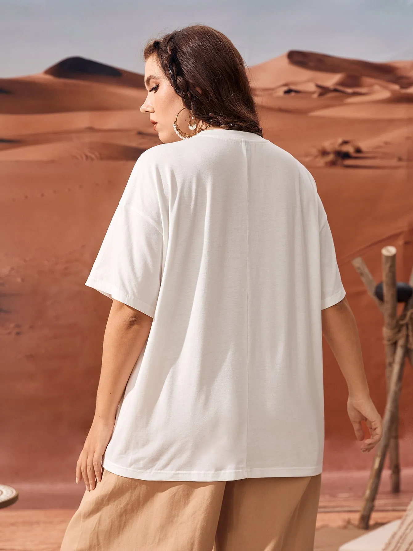 Letter Short Sleeve Round Neck Long Plus Size T-Shirt
