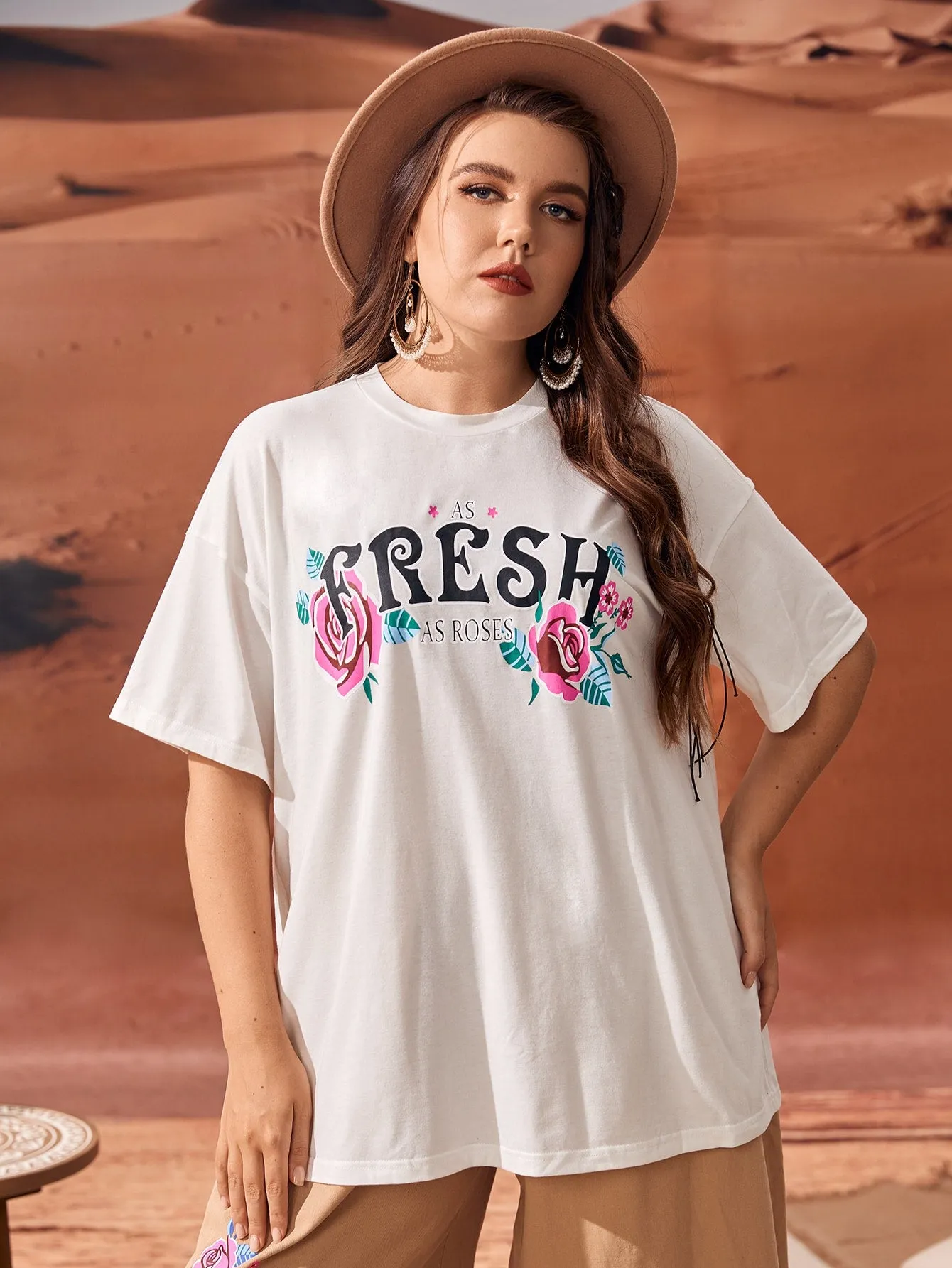 Letter Short Sleeve Round Neck Long Plus Size T-Shirt