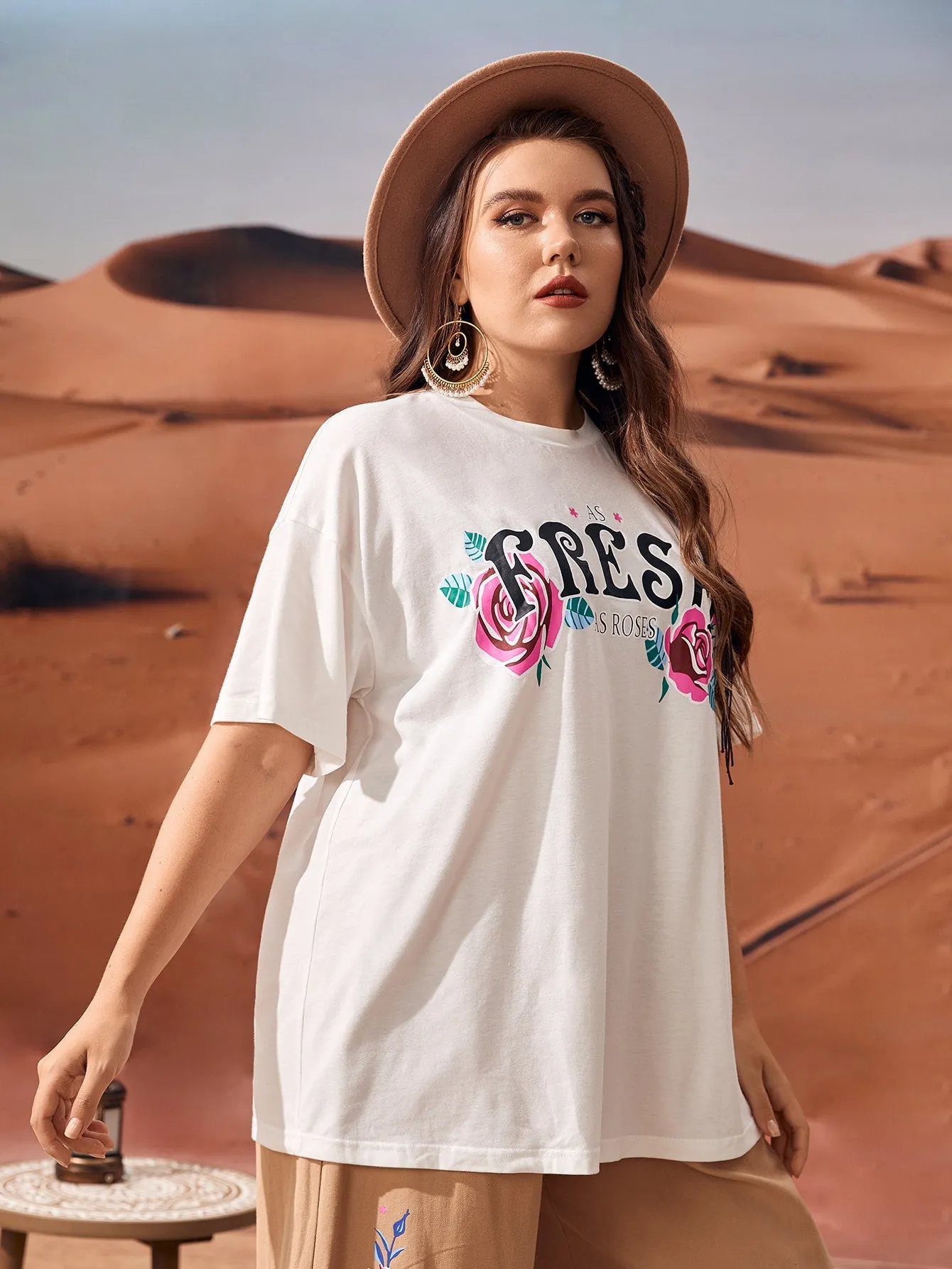 Letter Short Sleeve Round Neck Long Plus Size T-Shirt