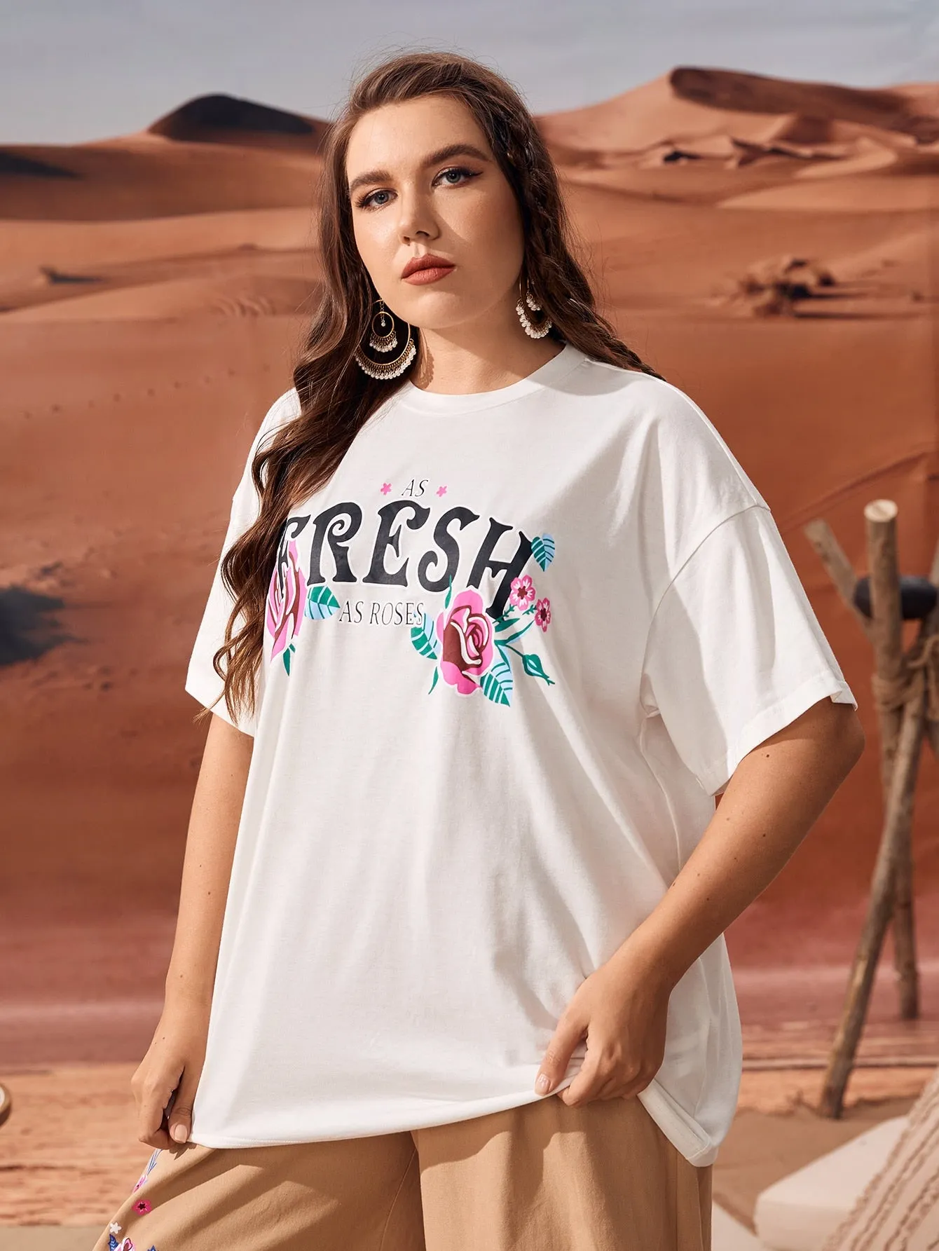 Letter Short Sleeve Round Neck Long Plus Size T-Shirt