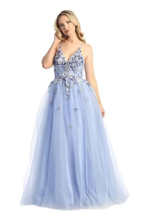 LF 7718 - Shimmer Tulle A-Line Prom Gown with 3D Floral Applique V-Neck Bodice & Open Lace Up Corset Back