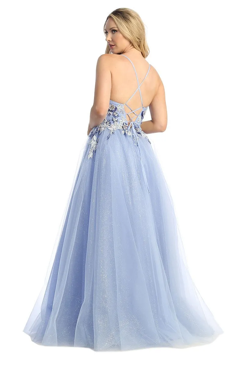 LF 7718 - Shimmer Tulle A-Line Prom Gown with 3D Floral Applique V-Neck Bodice & Open Lace Up Corset Back
