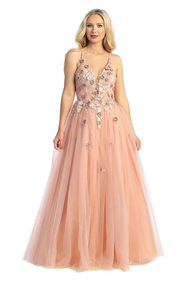 LF 7718 - Shimmer Tulle A-Line Prom Gown with 3D Floral Applique V-Neck Bodice & Open Lace Up Corset Back