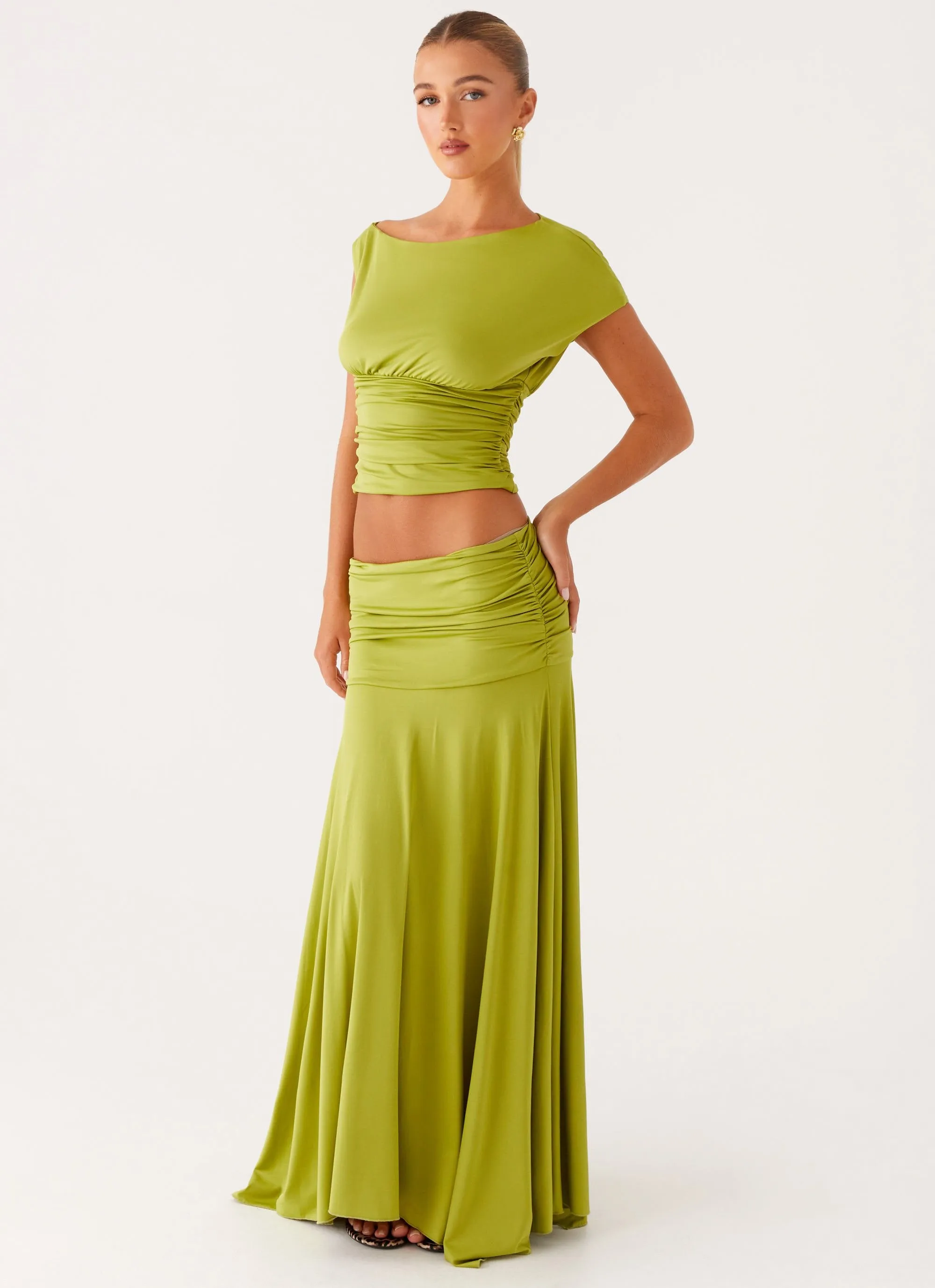Machine wash safe Bold Mood Liana Ruched Maxi Skirt - Green
