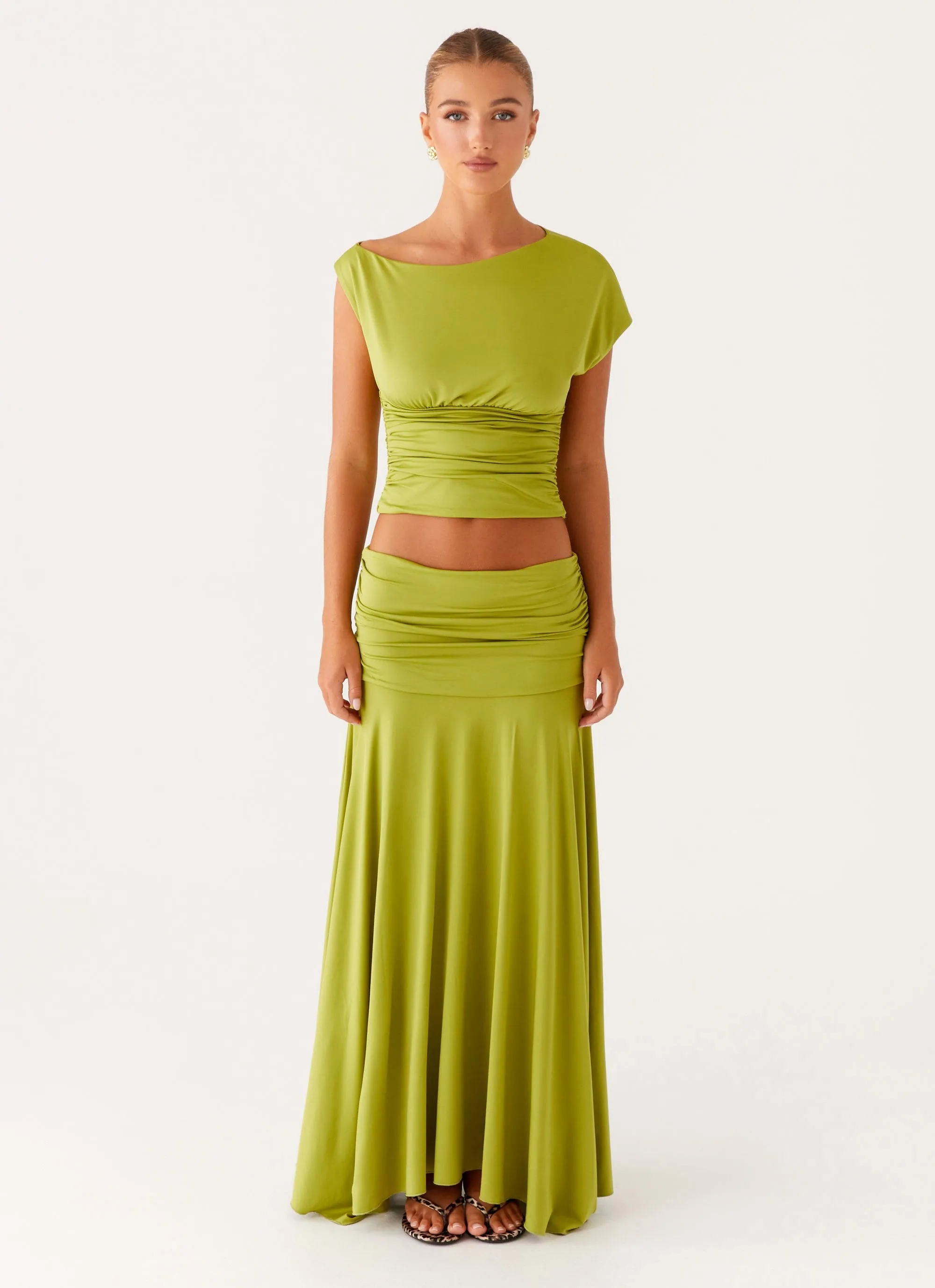 Scalloped Edge Liana Ruched Maxi Skirt - Green