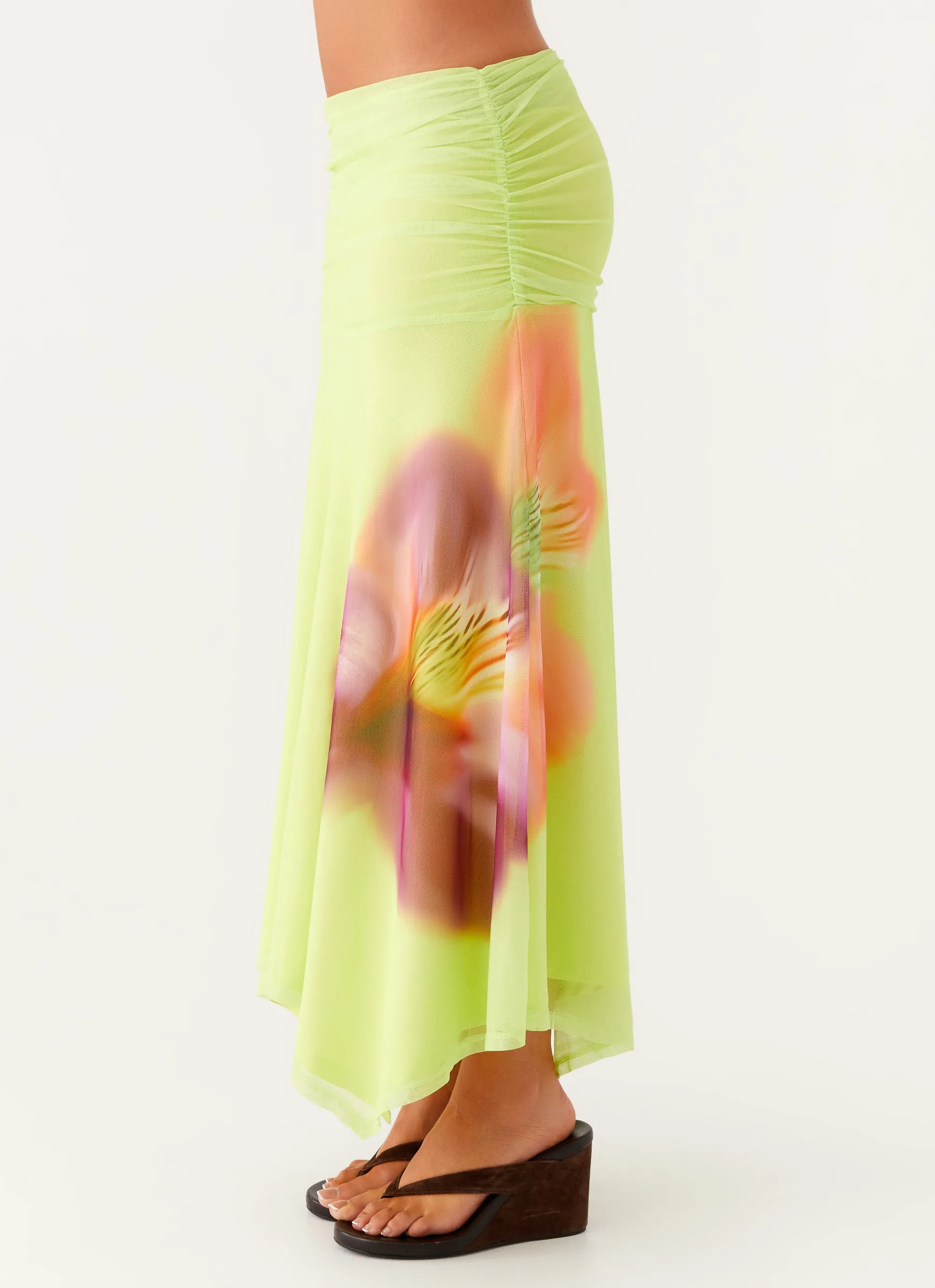Liana Ruched Maxi Skirt - Green Tropical Smooth Texture Curve Friendly
