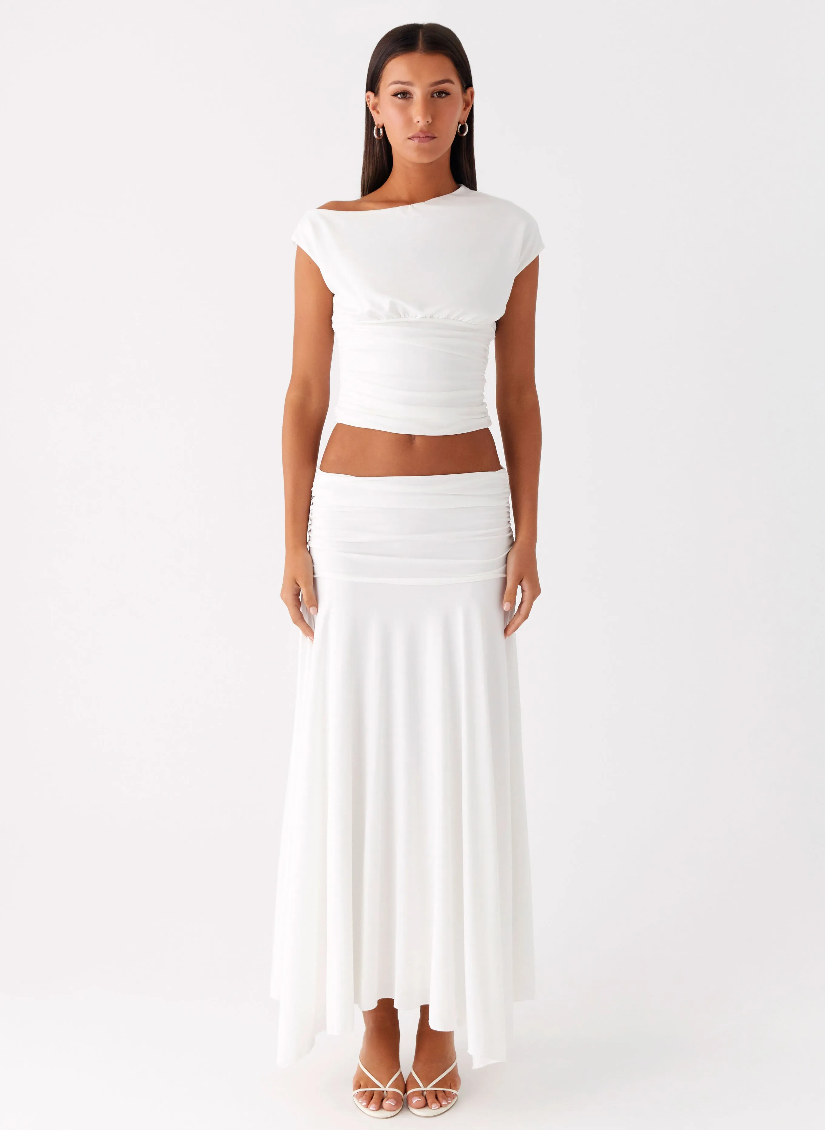 Boutique Exclusive Tear Resistant Material Liana Ruched Maxi Skirt - White