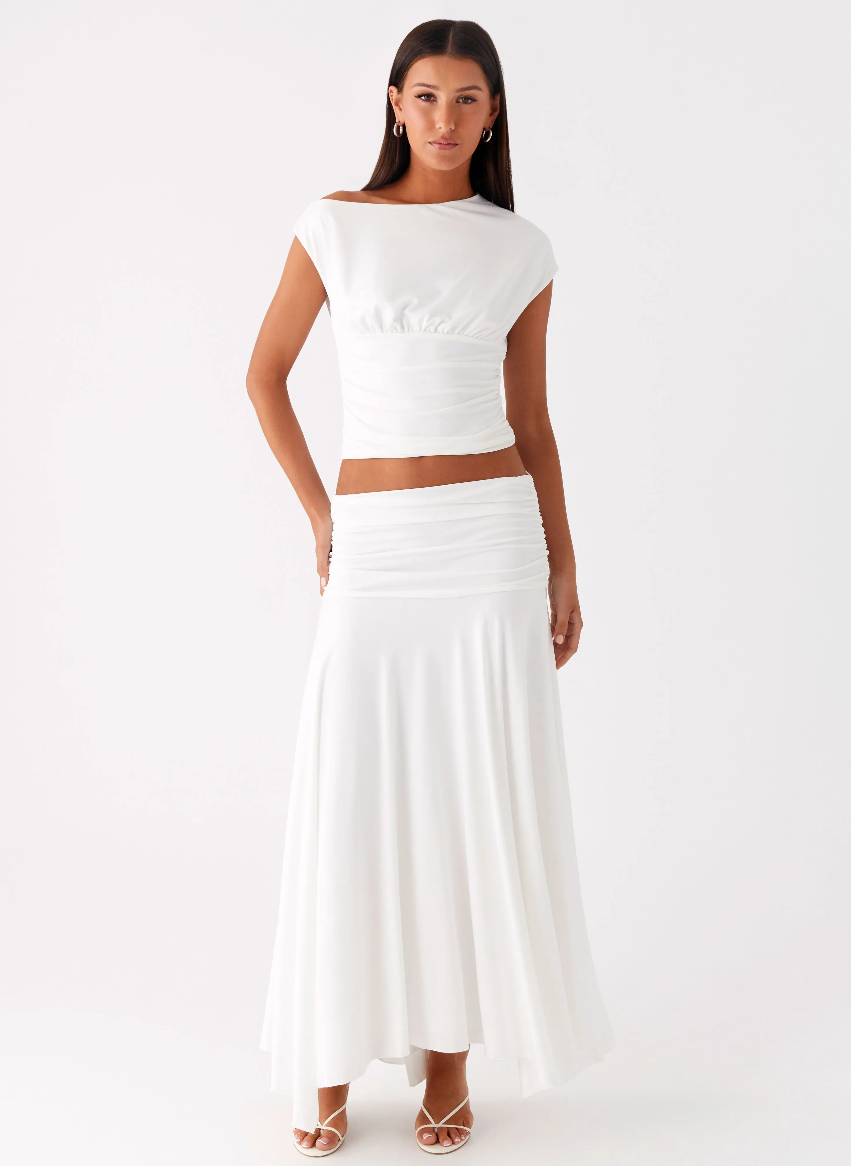 Liana Ruched Maxi Skirt - White Crafted Detail
