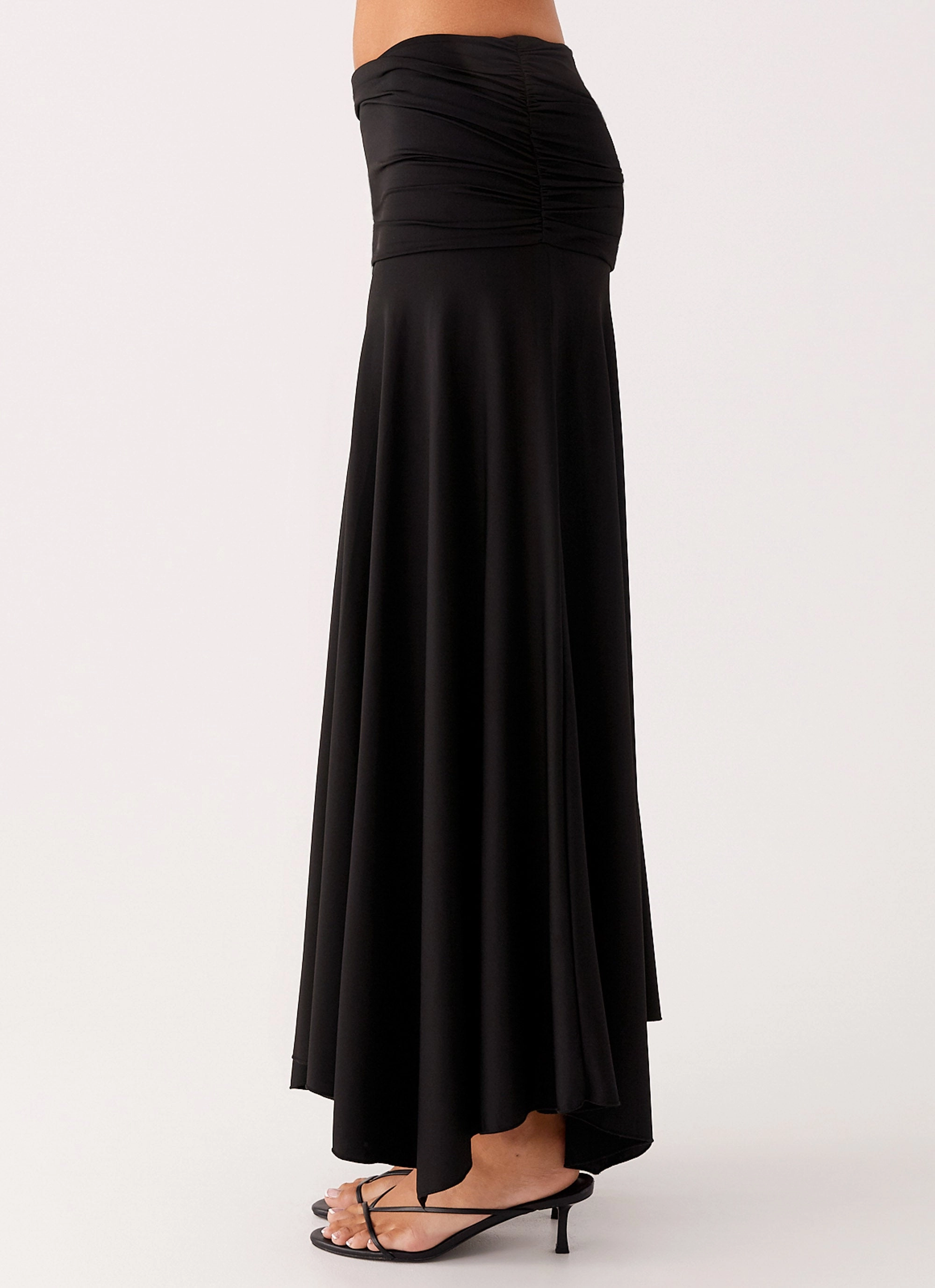 Liana Ruched Maxi Skirt - Black Flexible Hem Adjustment