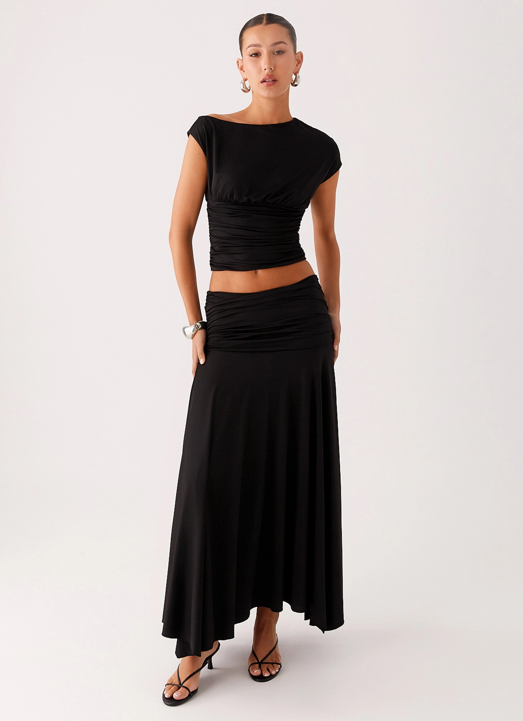 Adjustable Hood Liana Ruched Maxi Skirt - Black