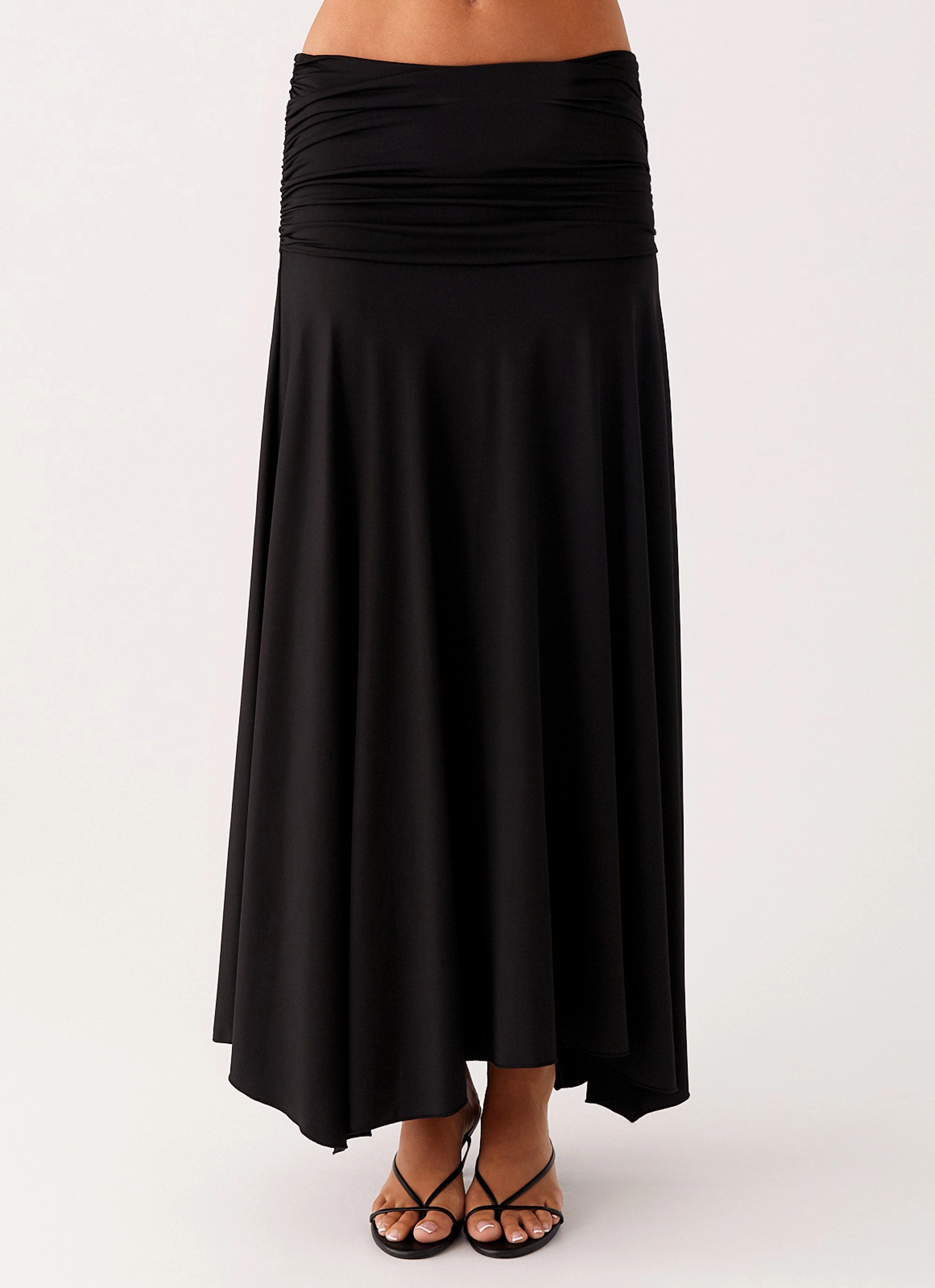 Liana Ruched Maxi Skirt - Black DoubleLayeredEdges NonRestrictive Cut