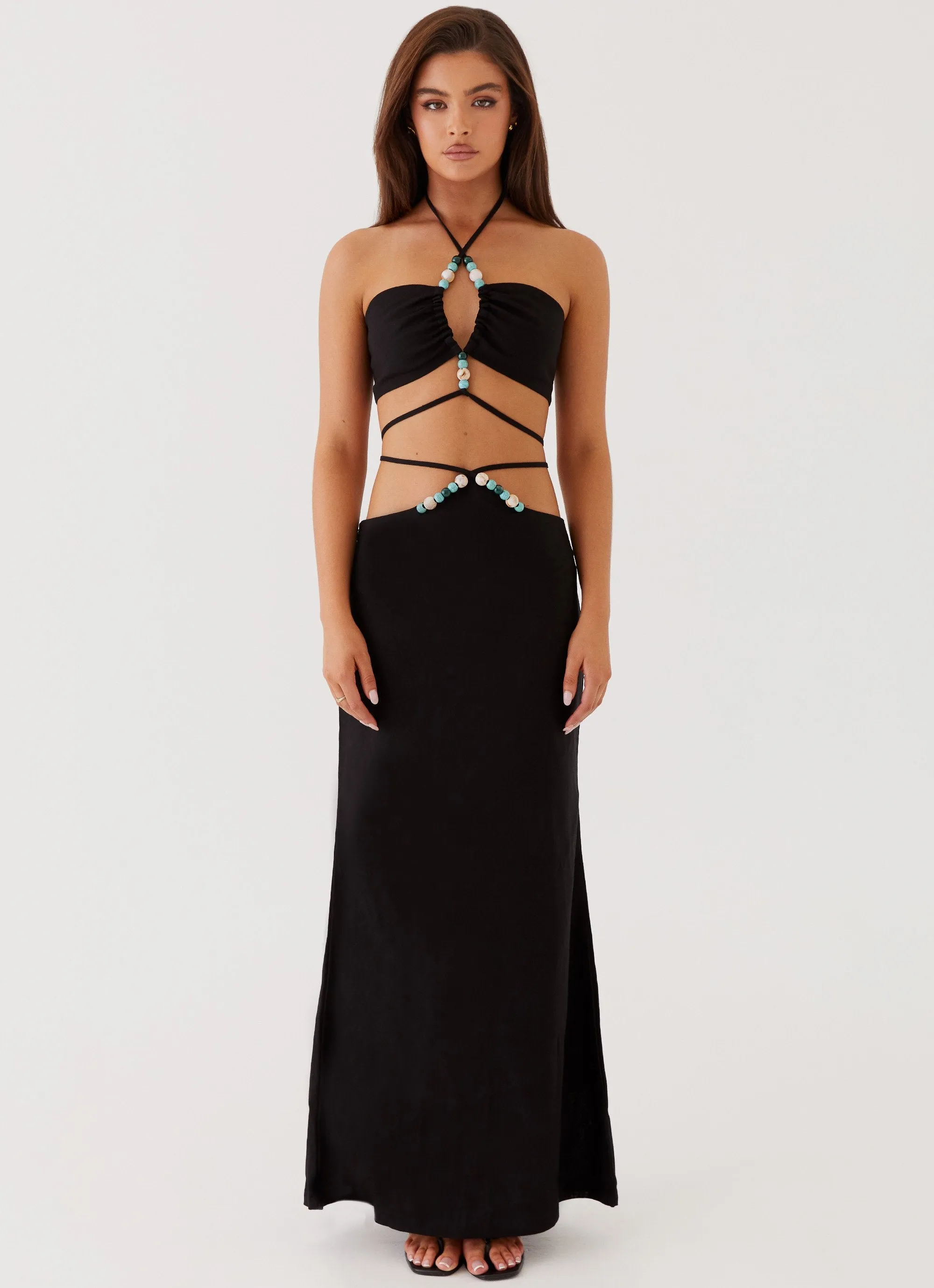 Neveah Beaded Halter Top - Black ribbed texture Slim Fit Shirt