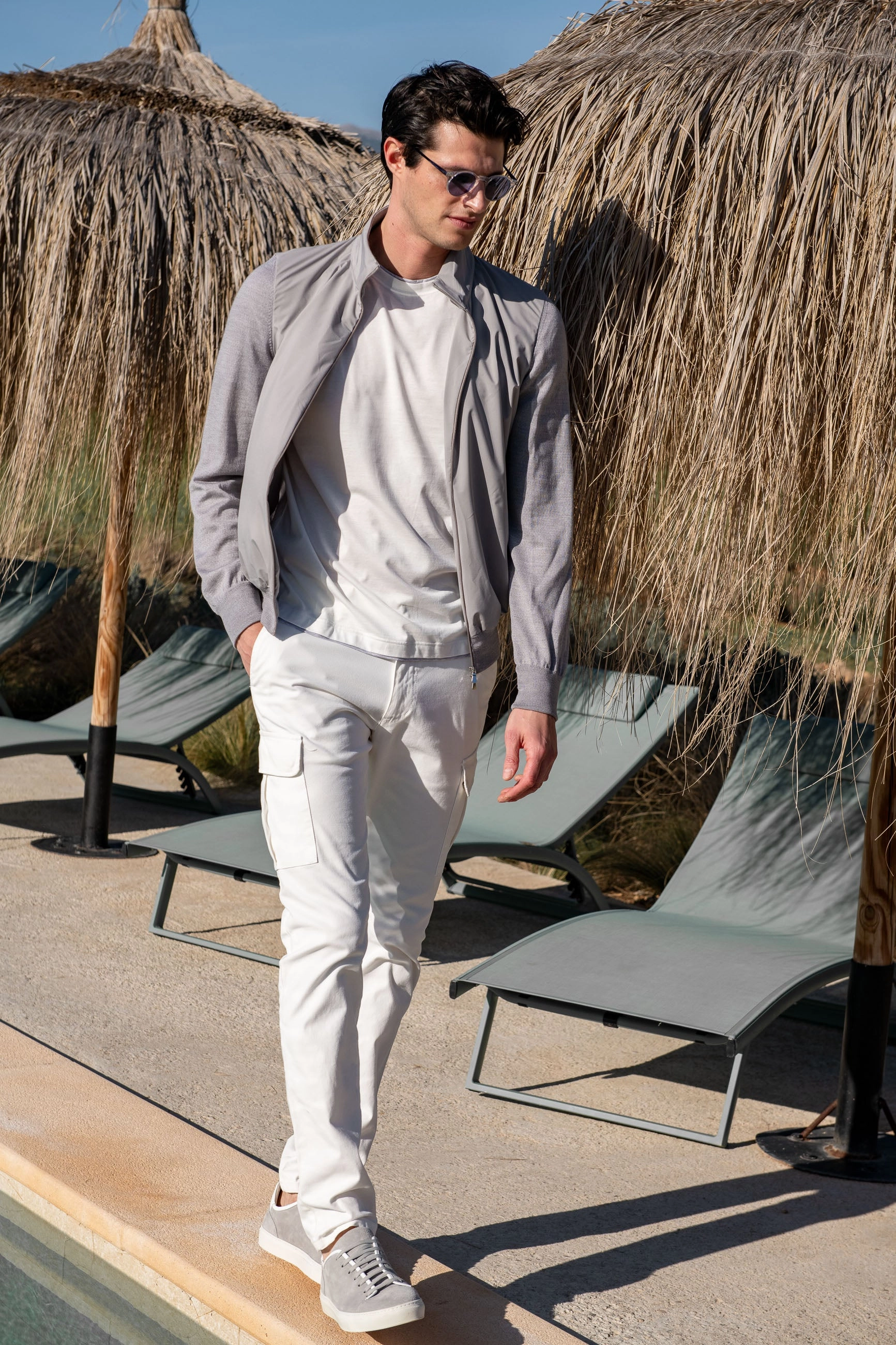 Light grey knit & nylon bomber jacket ?C Made in Italy