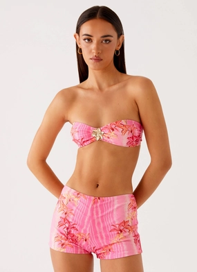 Light Reflective Trims Tamra Strapless Bikini Top - Tropical Pink Print Metallic-Shine Slim Silhouette Tamra Strapless Bikini Top - Tropical Pink Print