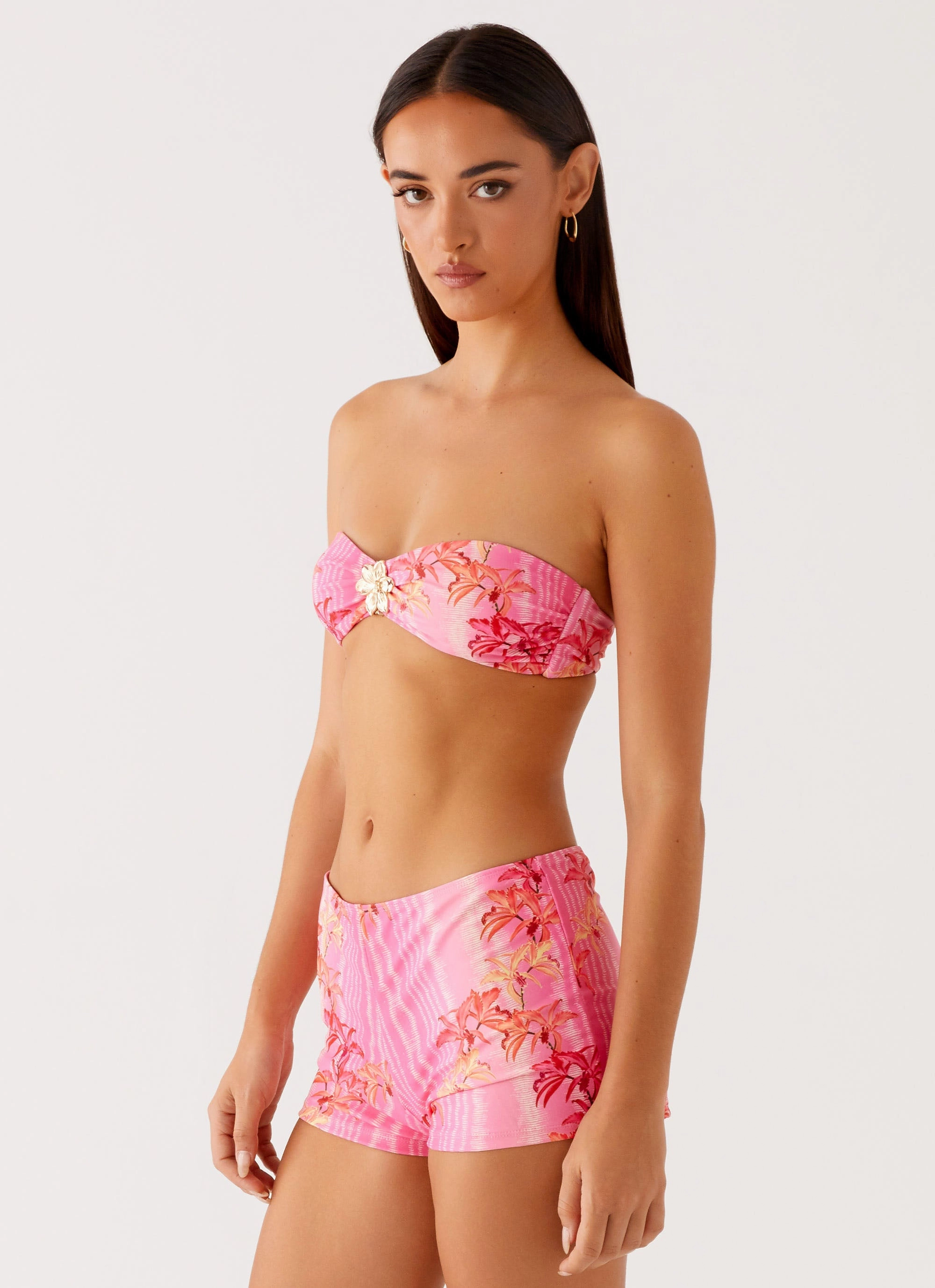 Tamra Strapless Bikini Top - Tropical Pink Print Sunshine Day
