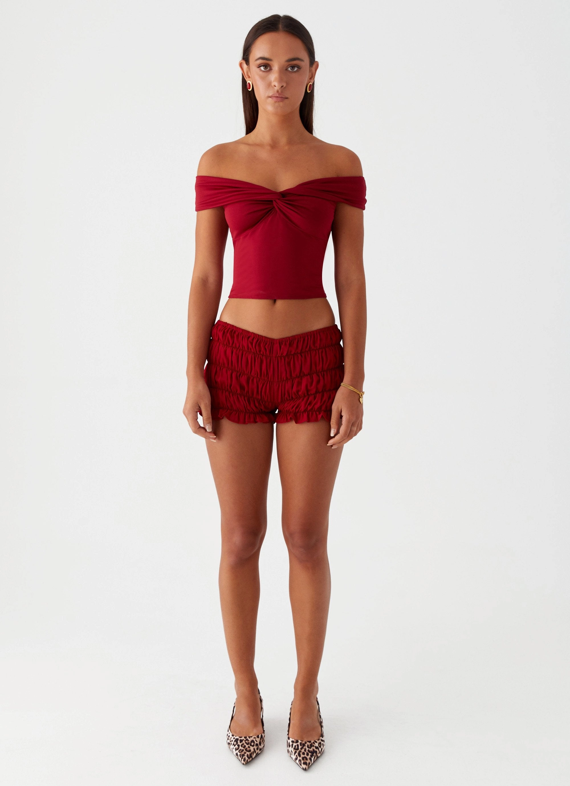 Girls Like Us Ruched Mini Shorts - Maroon Organic Cotton Blend Perfect Pair