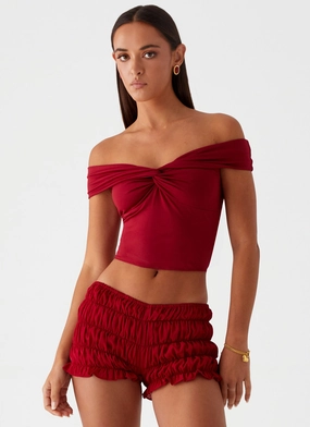 Lightwear Comfort Girls Like Us Ruched Mini Shorts - Maroon Girls Like Us Ruched Mini Shorts - Maroon Essential Comfort Wear