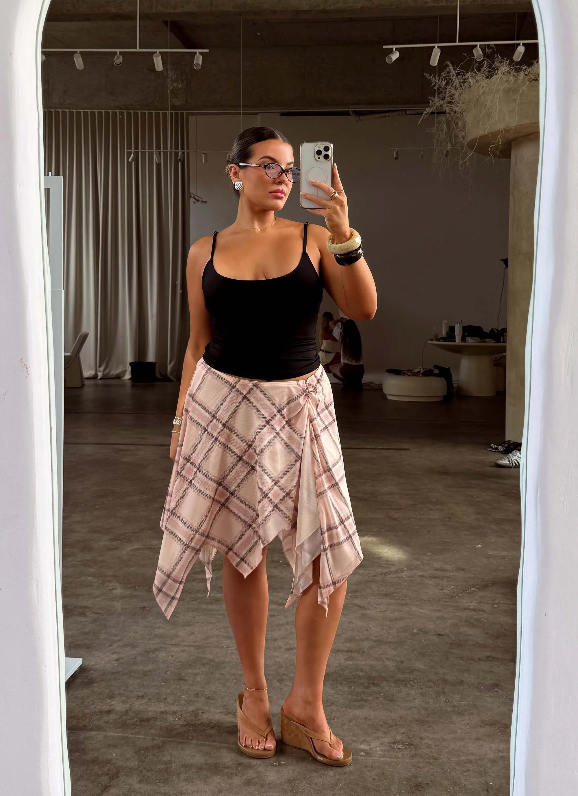 Soft Palette Cruise Attire Fit Check Midi Skirt - Pink Check