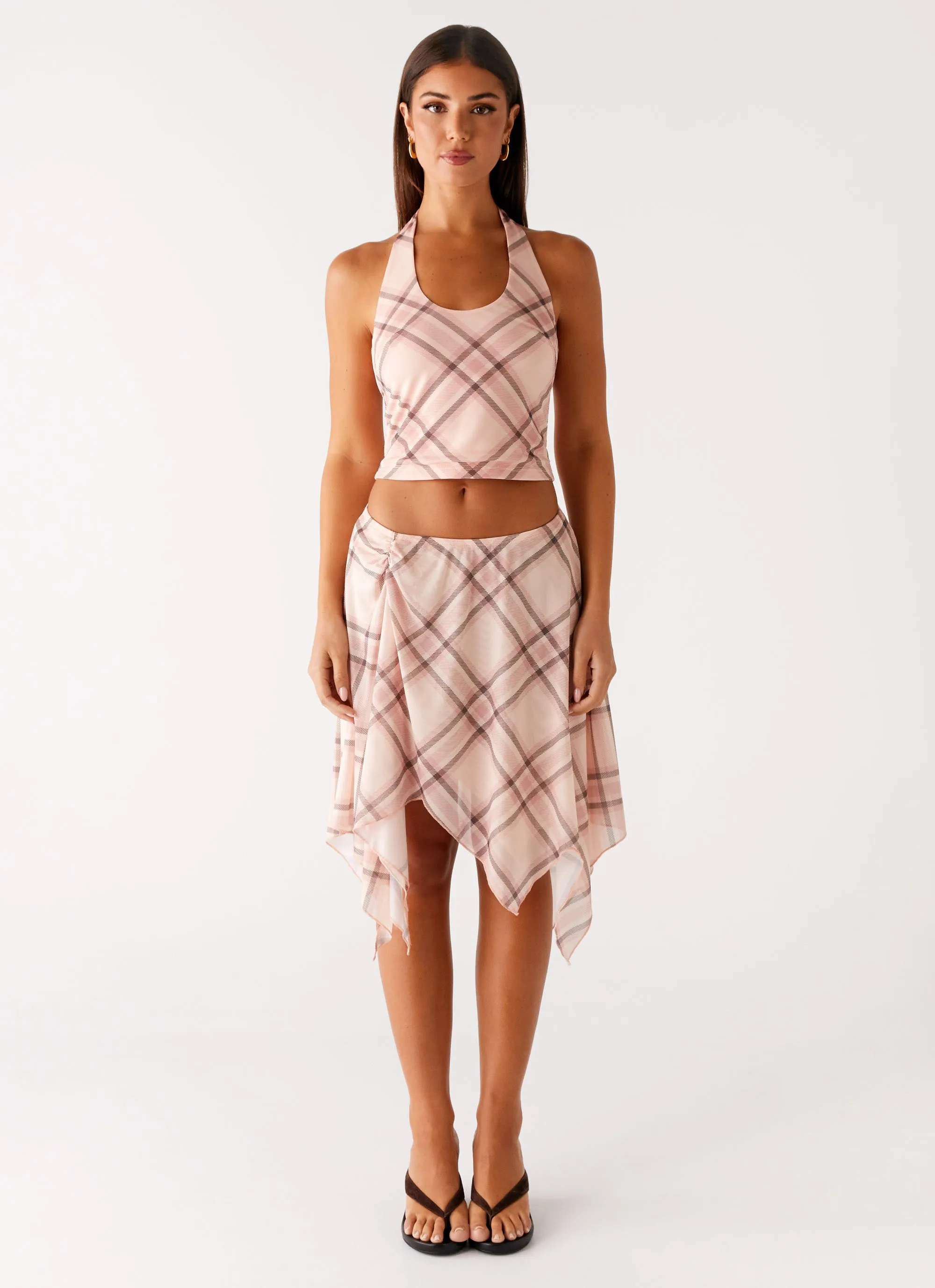 Subtle Look Performance Wear Fit Check Midi Skirt - Pink Check