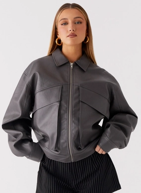 LightweightInsulation Lula Faux Leather Bomber Jacket - Charcoal Lula Faux Leather Bomber Jacket - Charcoal AntiPilling Finish Low Profile Insulation