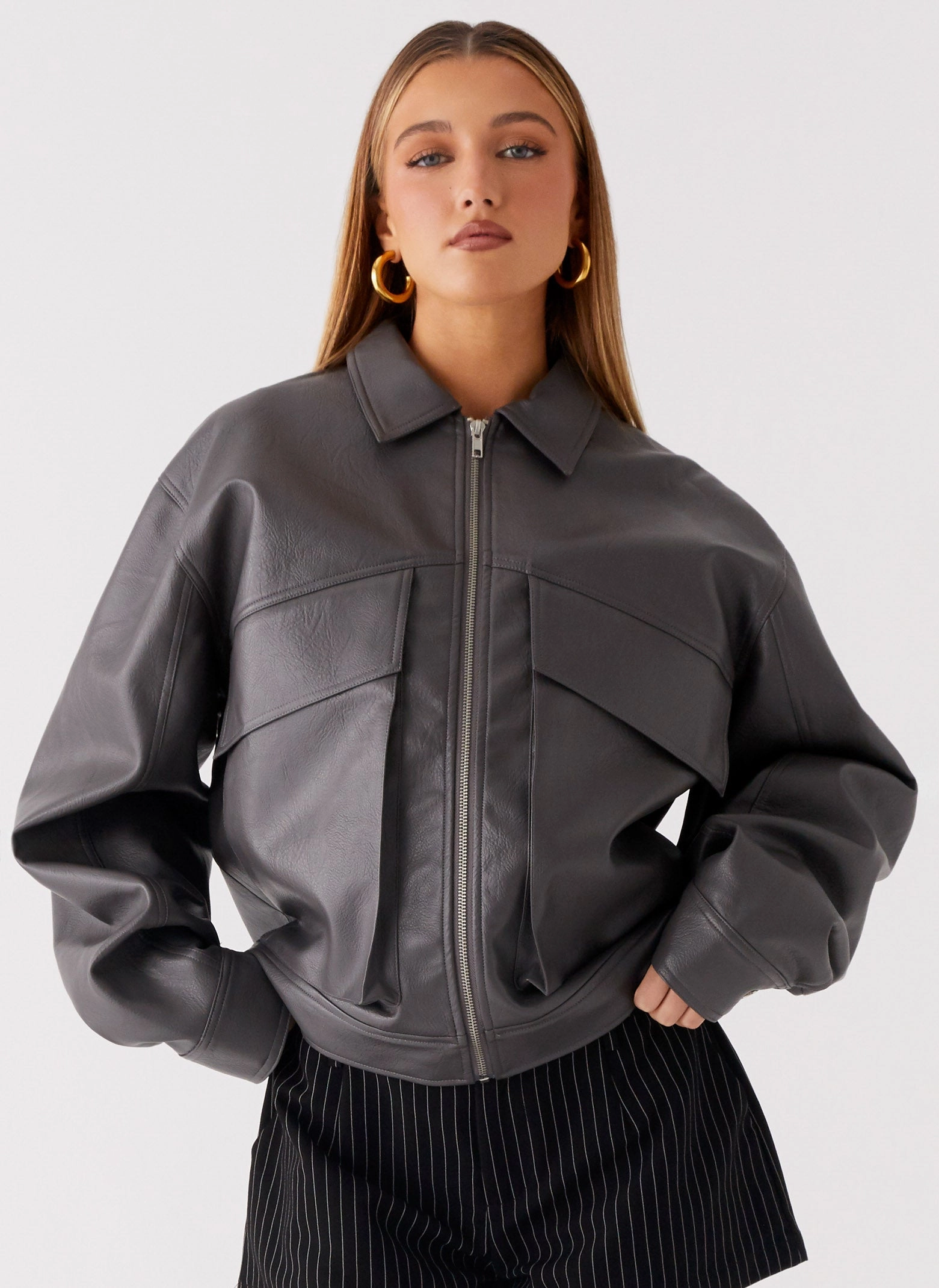 Lula Faux Leather Bomber Jacket - Charcoal AntiPilling Finish Low Profile Insulation