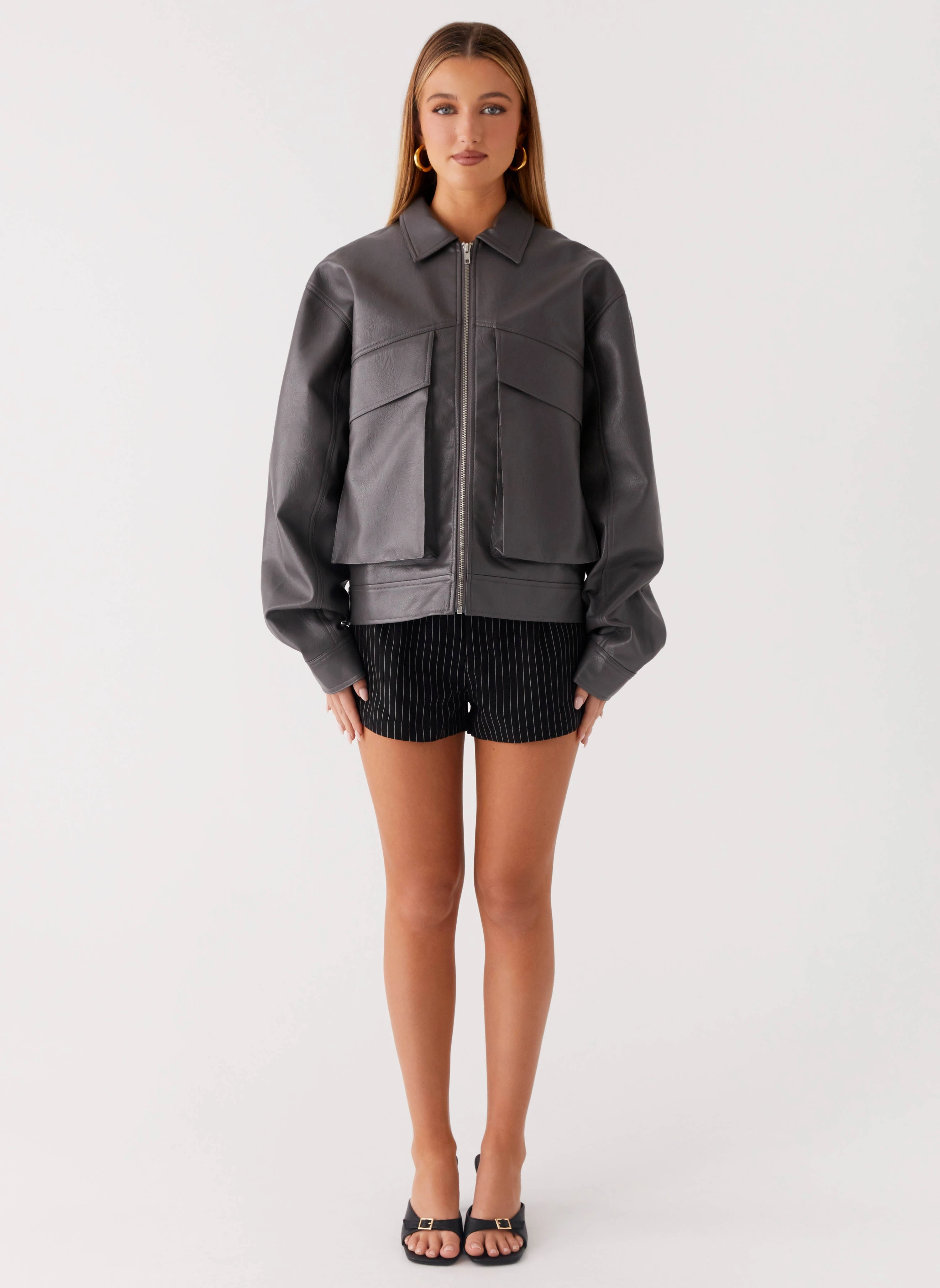 Lula Faux Leather Bomber Jacket - Charcoal WaterResistantCoating Anti Pill Technology