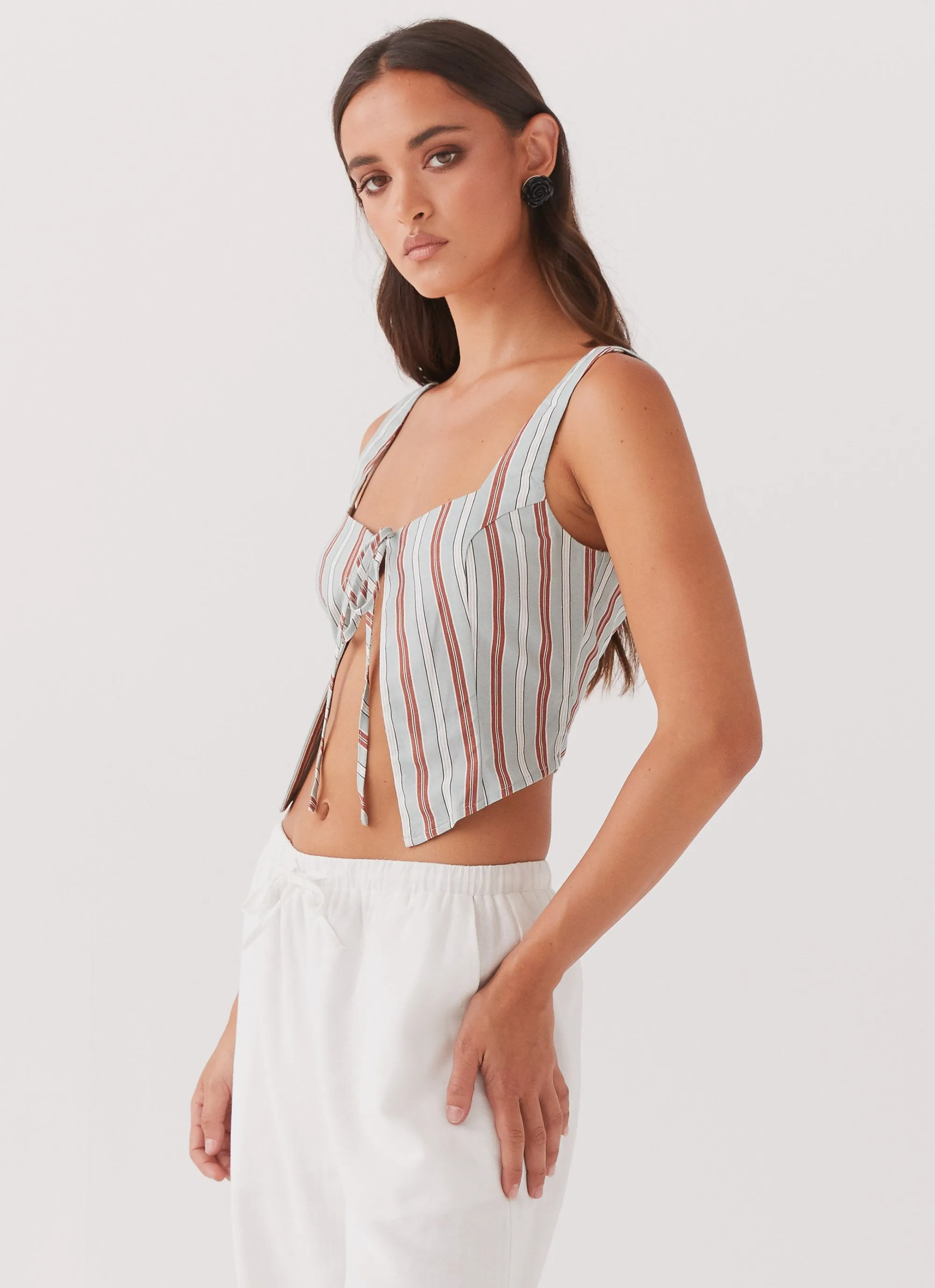 Oasis Dreams Linen Tie Top - Coastal Stripe FullCut Shoulder