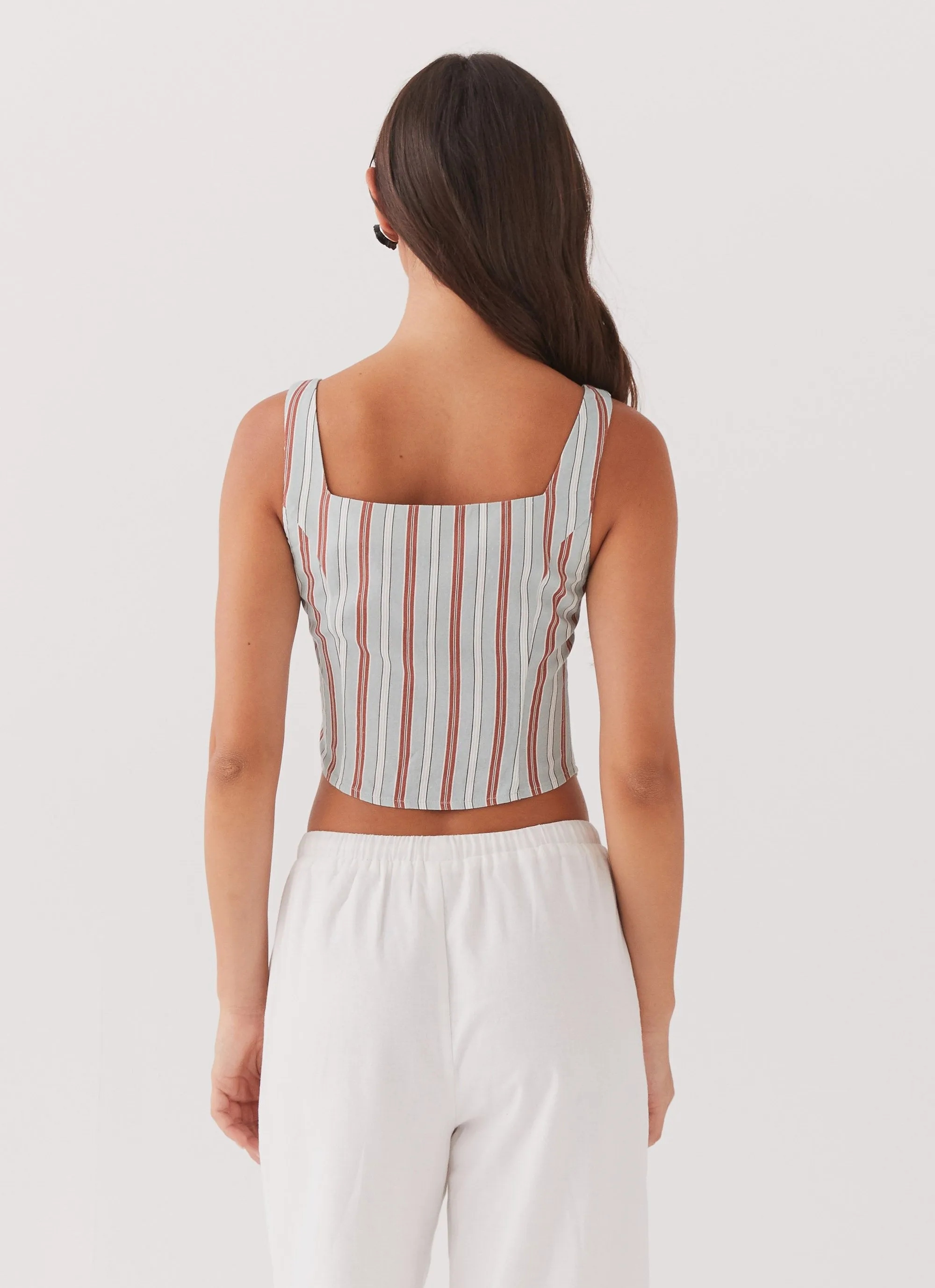 Oasis Dreams Linen Tie Top - Coastal Stripe Comfort Cushion Neckline