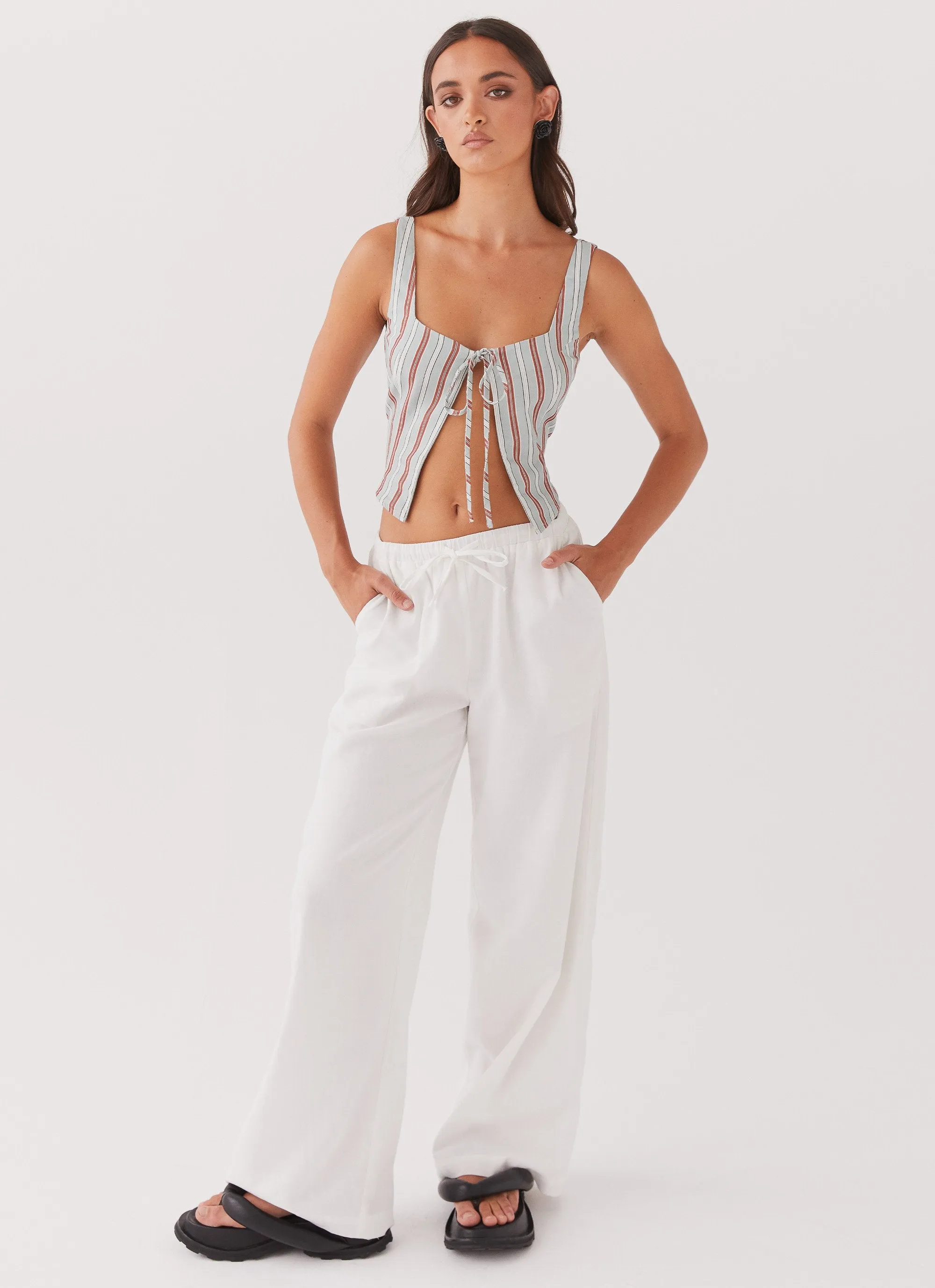 ReinforcedShoulders Breathable mesh panel Oasis Dreams Linen Tie Top - Coastal Stripe