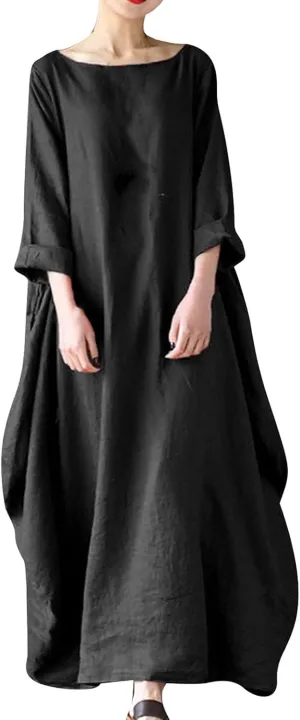 Linen Dress 2025 Long Sleeve Crewneck Maxi Dresses Solid Loose Plus Size Dresses Flowy Swing Summer Casual Dress