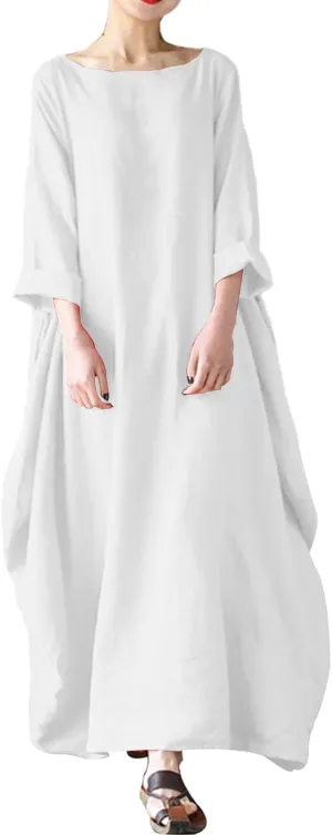 Linen Dress 2025 Long Sleeve Crewneck Maxi Dresses Solid Loose Plus Size Dresses Flowy Swing Summer Casual Dress