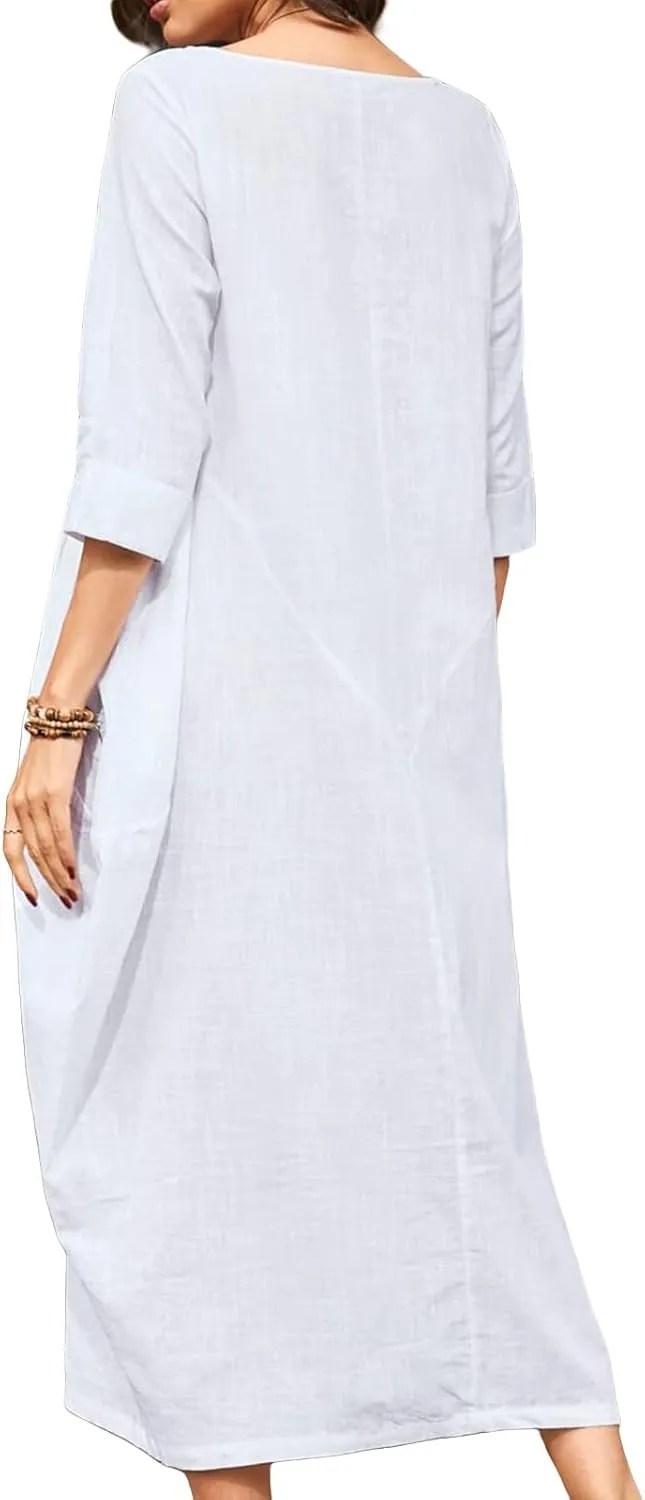 Linen Dress 2025 Long Sleeve Crewneck Maxi Dresses Solid Loose Plus Size Dresses Flowy Swing Summer Casual Dress