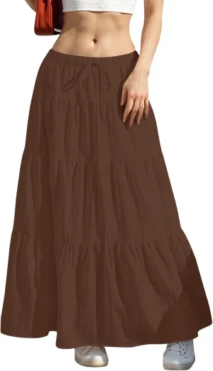 Linen Maxi Skirts for Women 2025 Drawstring High Waisted Aline Ruffle Pleated Skirt Summer Tiered Ruffle Long Skirt