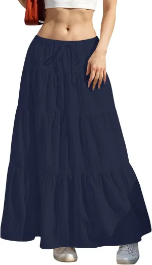 Linen Maxi Skirts for Women 2025 Drawstring High Waisted Aline Ruffle Pleated Skirt Summer Tiered Ruffle Long Skirt