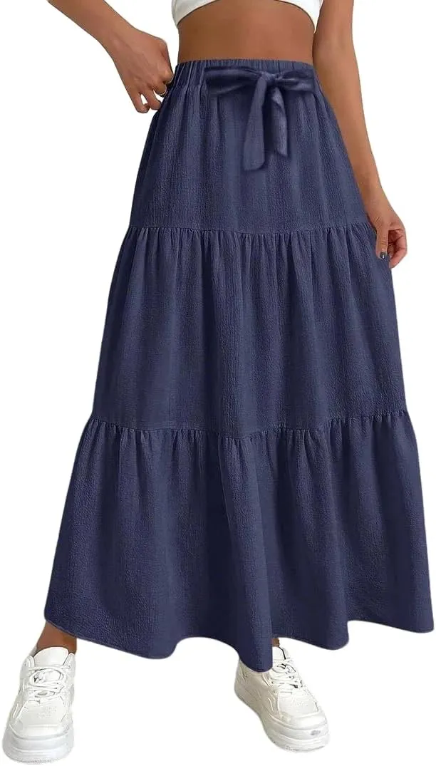 Linen Maxi Skirts for Women 2025 Summer Boho Long Flowy Skirt Bow Tie Elastic Waist Tiered Swing Pleated A Line Skirt