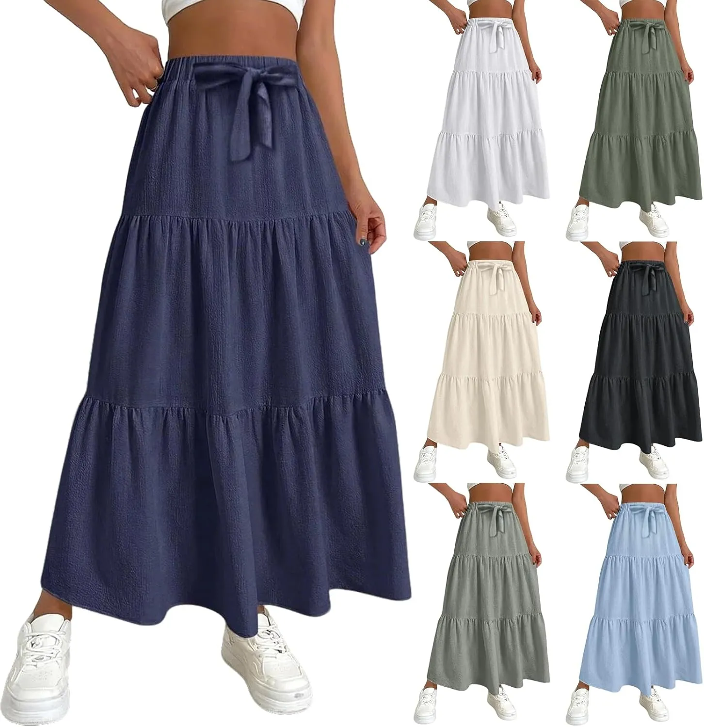 Linen Maxi Skirts for Women 2025 Summer Boho Long Flowy Skirt Bow Tie Elastic Waist Tiered Swing Pleated A Line Skirt