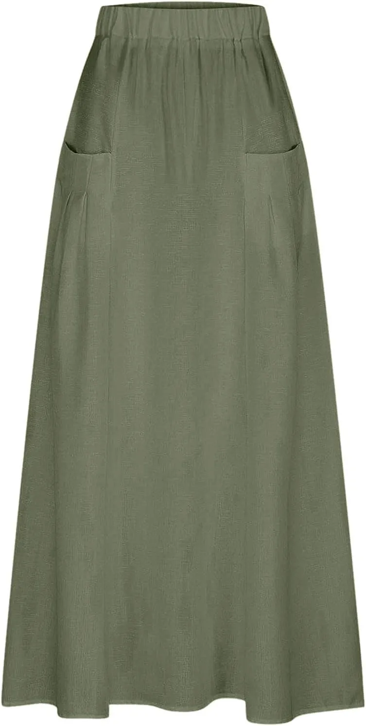 Linen Maxi Skirts for Women with Pockets 2025 Summer High Waisted Loose Fit Casual Long Skirt for Vacation