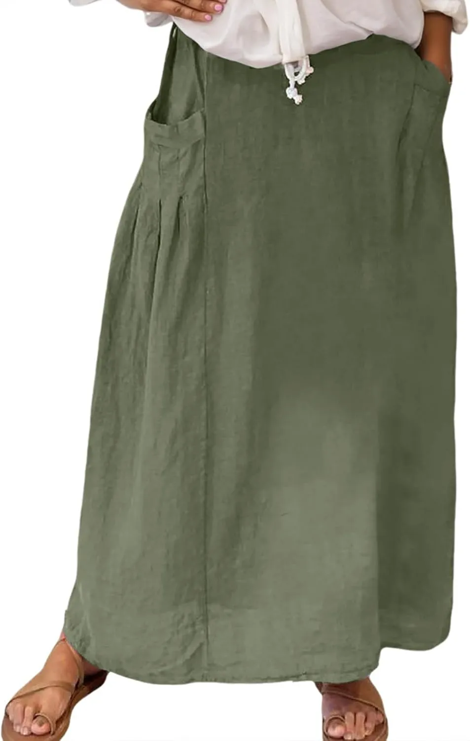 Linen Maxi Skirts for Women with Pockets 2025 Summer High Waisted Loose Fit Casual Long Skirt for Vacation