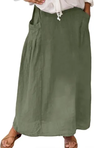 Linen Maxi Skirts for Women with Pockets 2025 Summer High Waisted Loose Fit Casual Long Skirt for Vacation