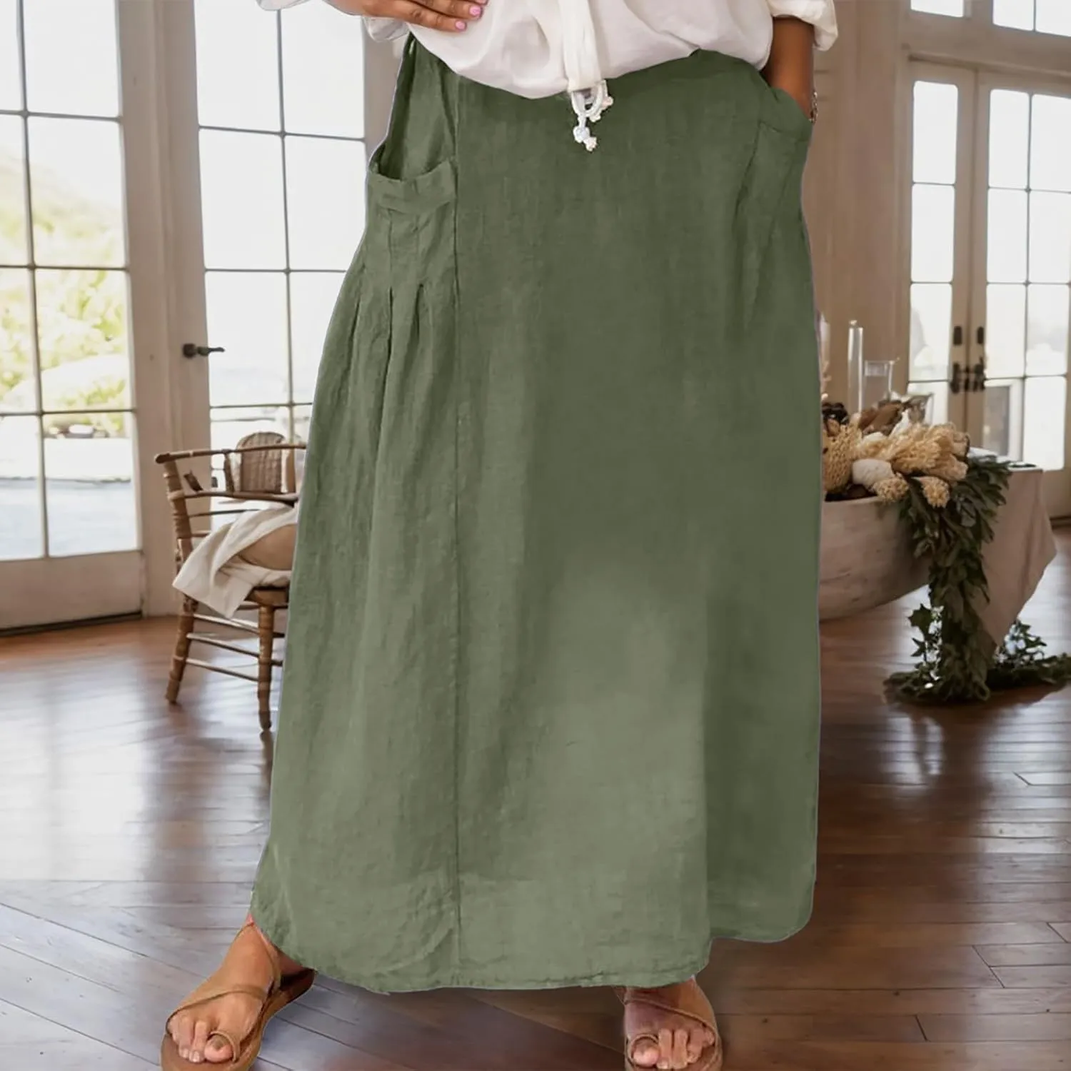 Linen Maxi Skirts for Women with Pockets 2025 Summer High Waisted Loose Fit Casual Long Skirt for Vacation