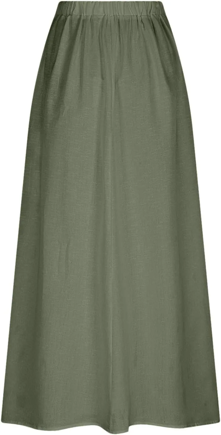 Linen Maxi Skirts for Women with Pockets 2025 Summer High Waisted Loose Fit Casual Long Skirt for Vacation