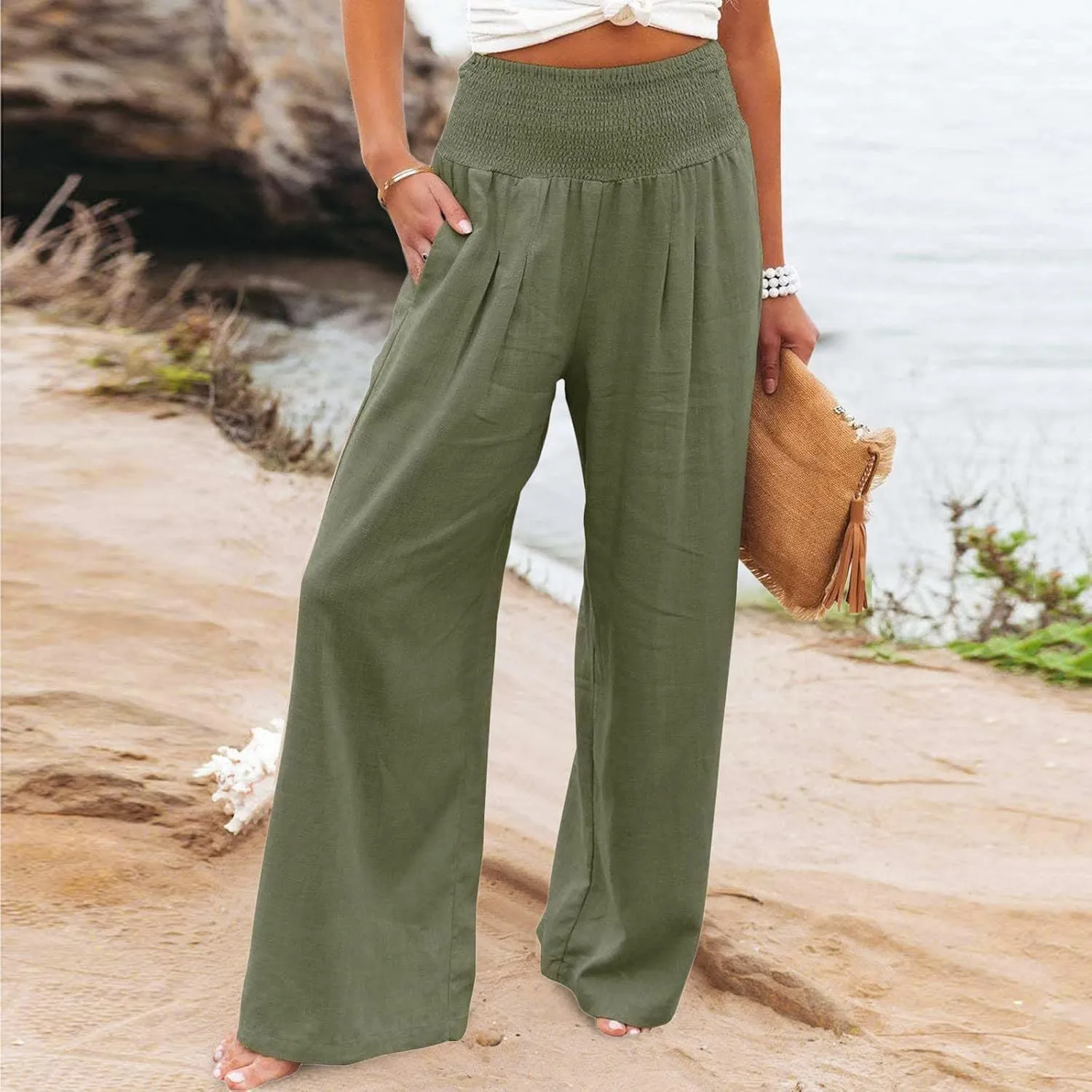 Linen Palazzo Pant Women 2025 Summer Boho Wide Leg High Waist Lounge Pants Casual Beach Vacation Outfits