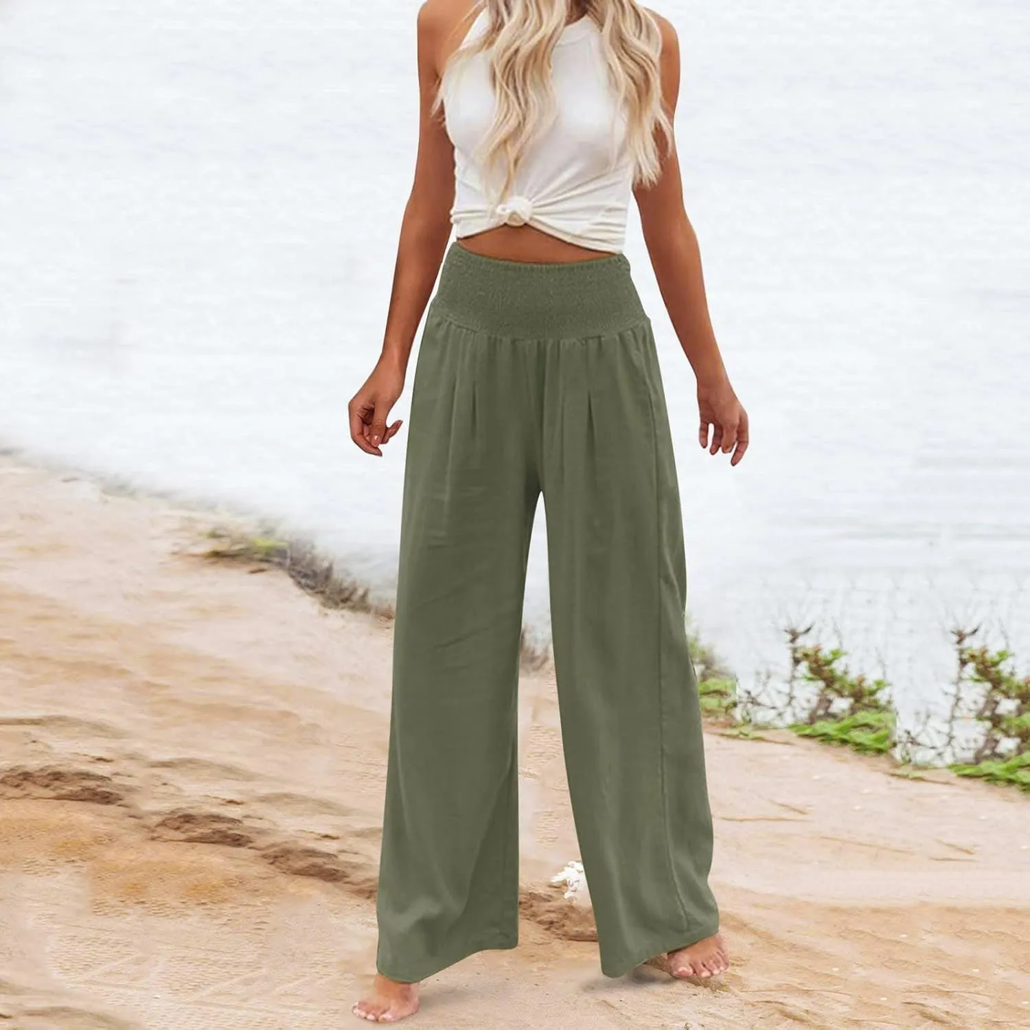 Linen Palazzo Pant Women 2025 Summer Boho Wide Leg High Waist Lounge Pants Casual Beach Vacation Outfits