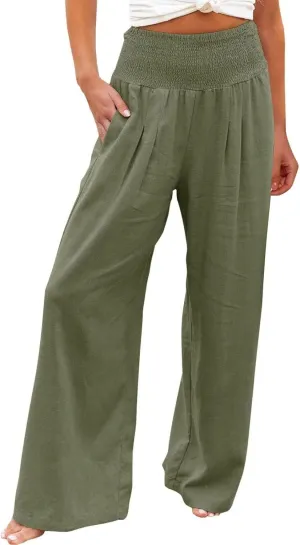 Linen Palazzo Pant Women 2025 Summer Boho Wide Leg High Waist Lounge Pants Casual Beach Vacation Outfits