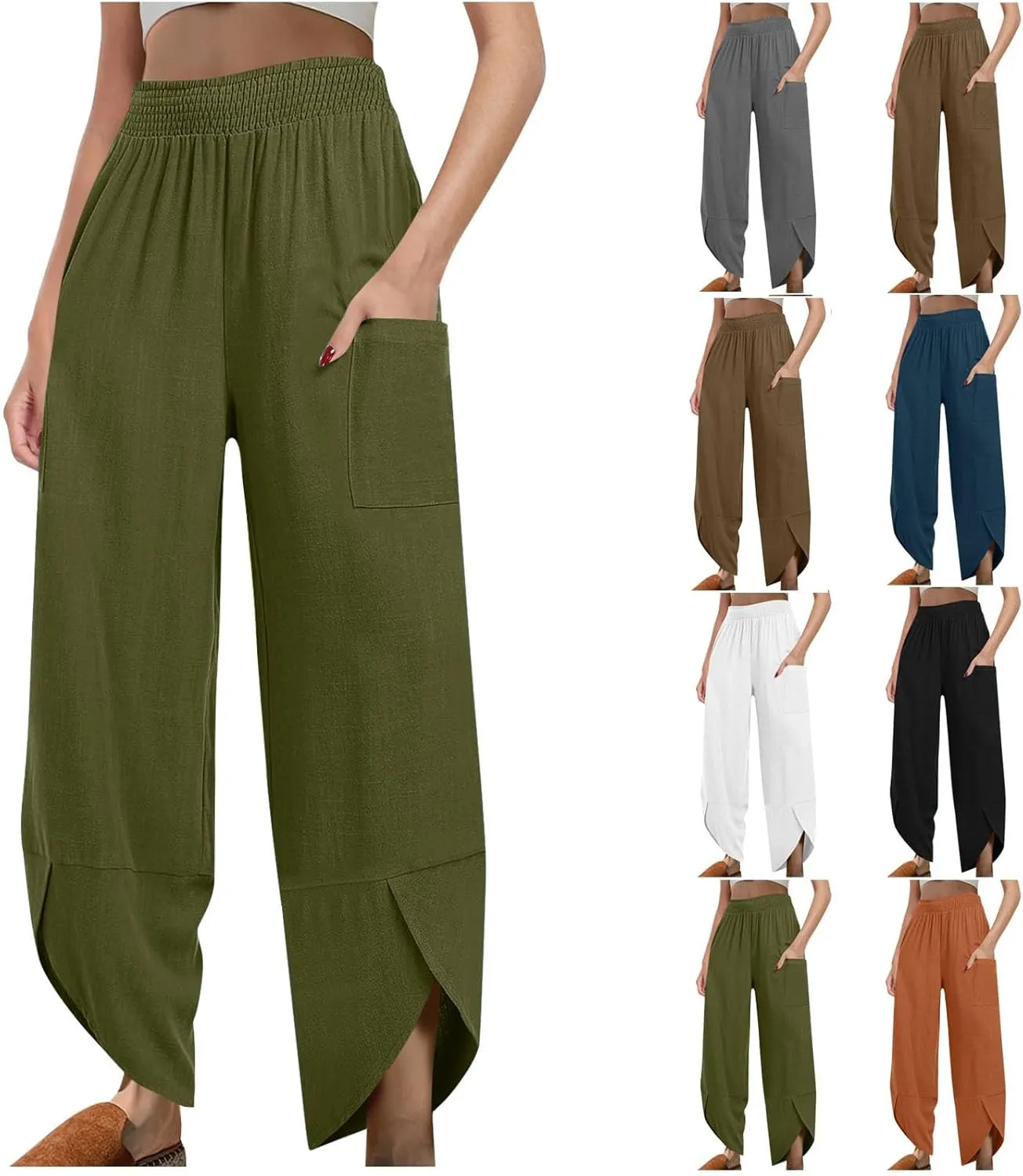 Linen Pants for Women Dressy Casual Wide Leg Cropped Pants Trendy Vacation Baggy High Waisted Pants Lounge Bottoms
