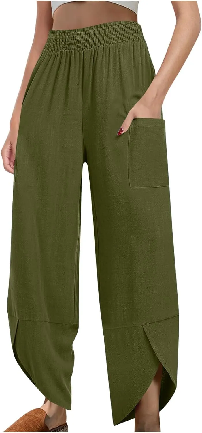 Linen Pants for Women Dressy Casual Wide Leg Cropped Pants Trendy Vacation Baggy High Waisted Pants Lounge Bottoms