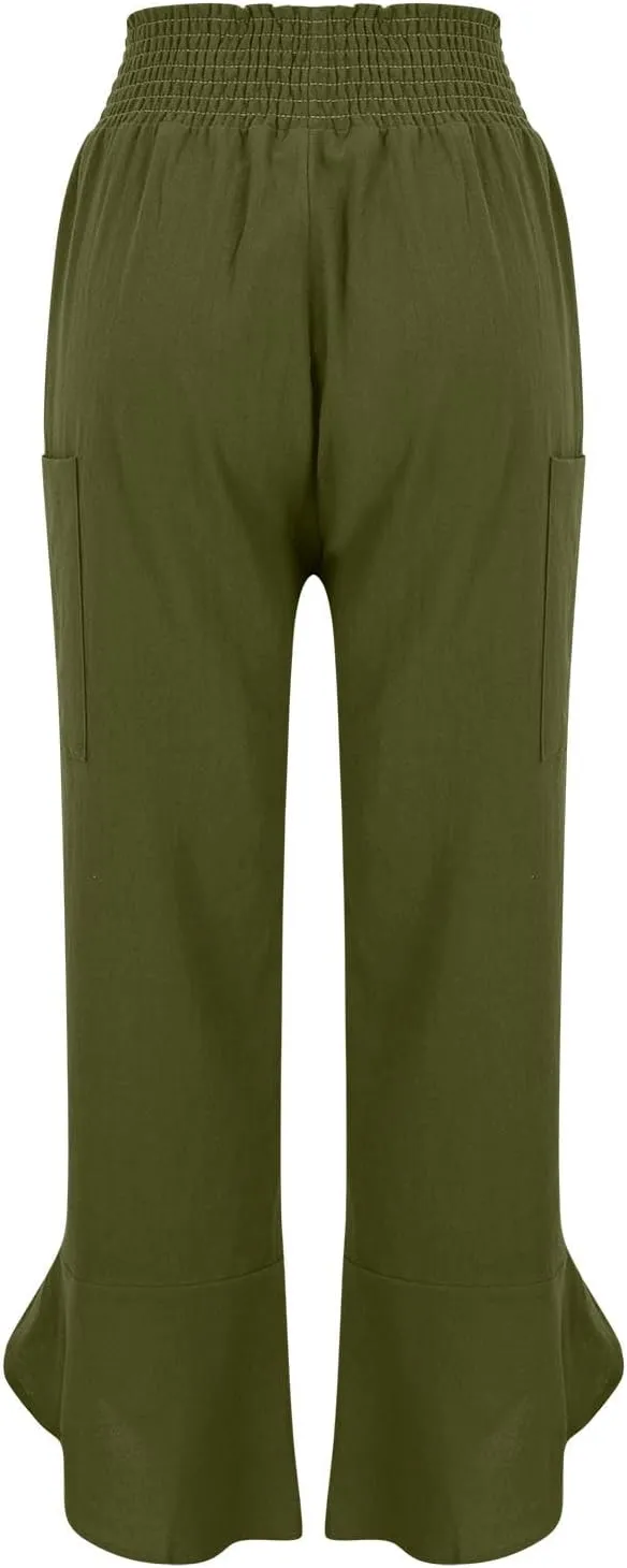 Linen Pants for Women Dressy Casual Wide Leg Cropped Pants Trendy Vacation Baggy High Waisted Pants Lounge Bottoms