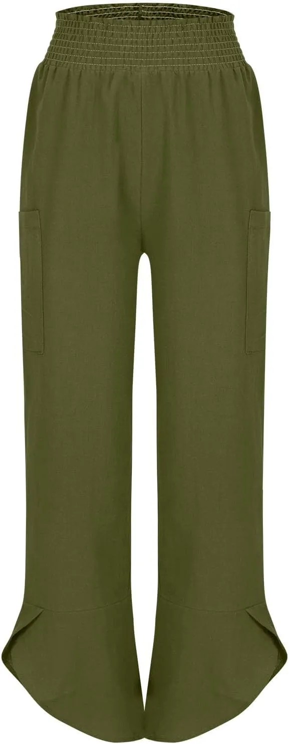 Linen Pants for Women Dressy Casual Wide Leg Cropped Pants Trendy Vacation Baggy High Waisted Pants Lounge Bottoms