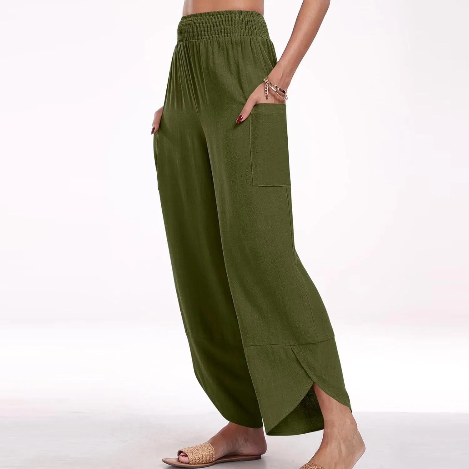 Linen Pants for Women Dressy Casual Wide Leg Cropped Pants Trendy Vacation Baggy High Waisted Pants Lounge Bottoms